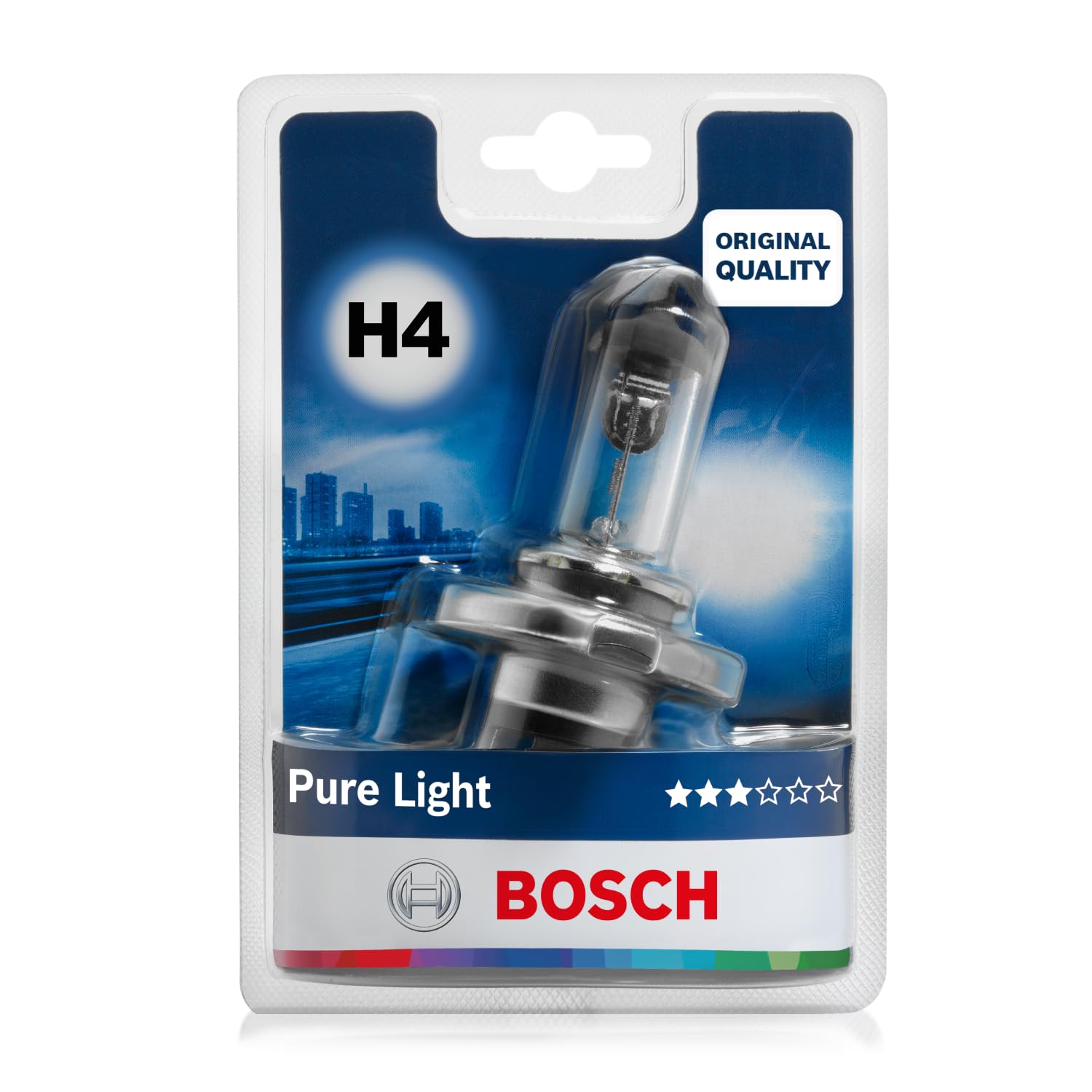 Bosch H4 Pure Light Halogen-Glühlampe für Auto-Scheinwerfer, 12 V 60/55 W, in Originalqualität - Lampensockel Typ P43t - 1 Ersatz-Scheinwerferlampe