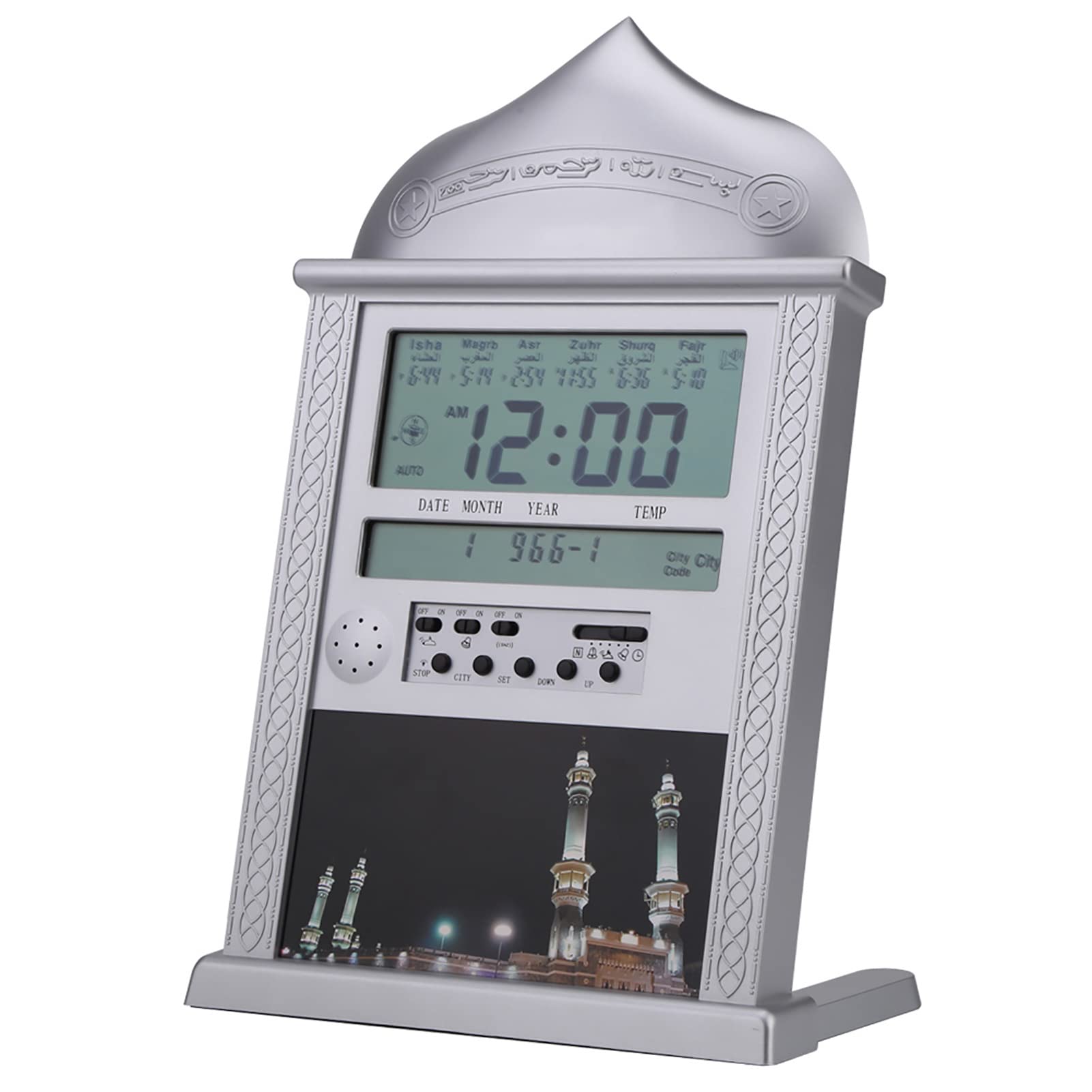 lyrlody Reloj de Oración Musulmán con Recordatorio Azan, Hora Mundial, Pantalla de Temperatura, Plástico y Metal