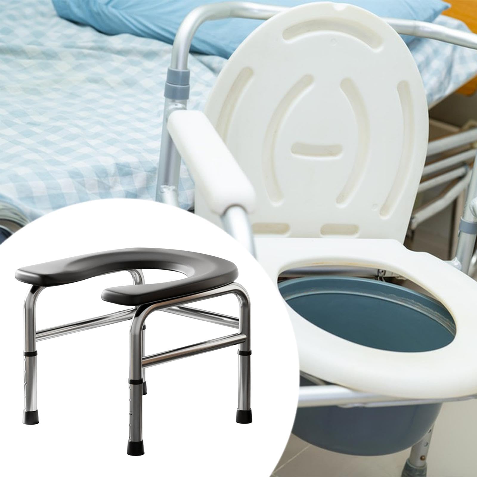 Asiento de Inodoro Elevado, Taburete con Orinal Portátil, Base Estable, Altura Ajustable para Baño, Negro