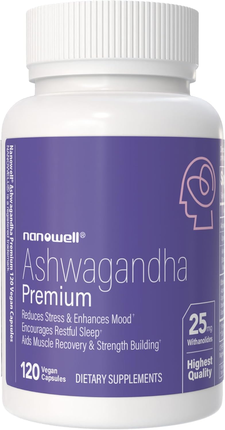 NANOWELL Ashwagandha Premium - 120 Vegan Capsules – High Potency – 5% Withanolides Root Extract, Organic Ashwagandha Powder, Mixed Berries - Supports Relaxation & Mood Balance - 60 Servings
