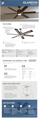 Miniatura 12 de Progress Lighting P2586-8130K Soporte sobresaliente, 6 aspas de nogal/madera flotante Ventilador de techo con luz de 17 vatios, níquel antiguo