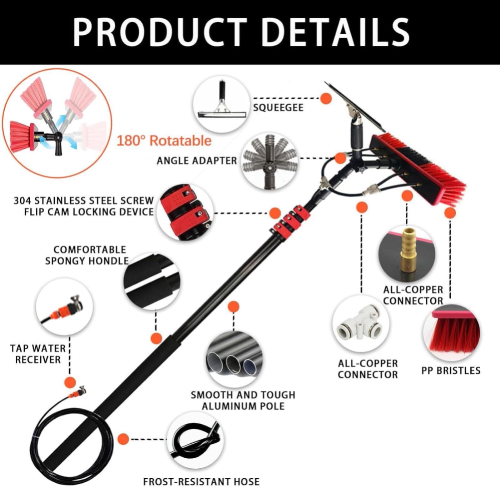 3.6-10.8M Set for Solar Systems and Windows, Length Adjustable up to 10.8M, Universal Washing Brush, and Outdoor Glass Roof Cleaning Set, Window Cleaner 35CM,3.6M
