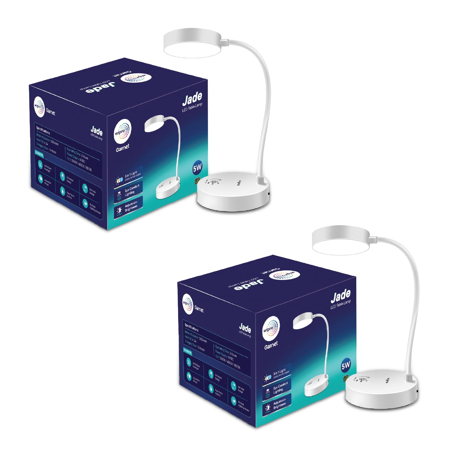 wipro Jade Rechargeable LED Table Lamp, 360° Flexible Gooseneck, Type-C Charging
