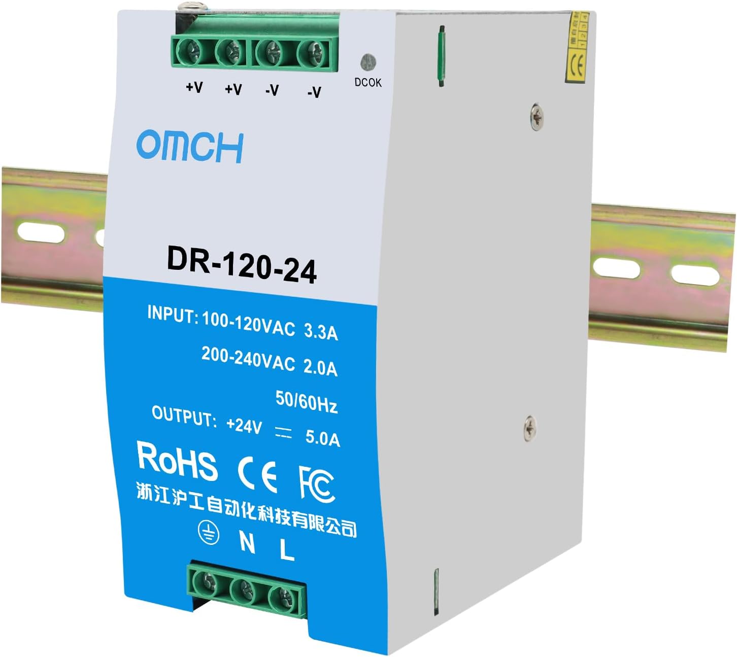 DR-120-24 Din Rail Power Supply 24V 5A 120W, AC to DC Switching Power Supply, Industrial Grade 24VDC Transformer, Universal Input 110V/220V, CE Certified