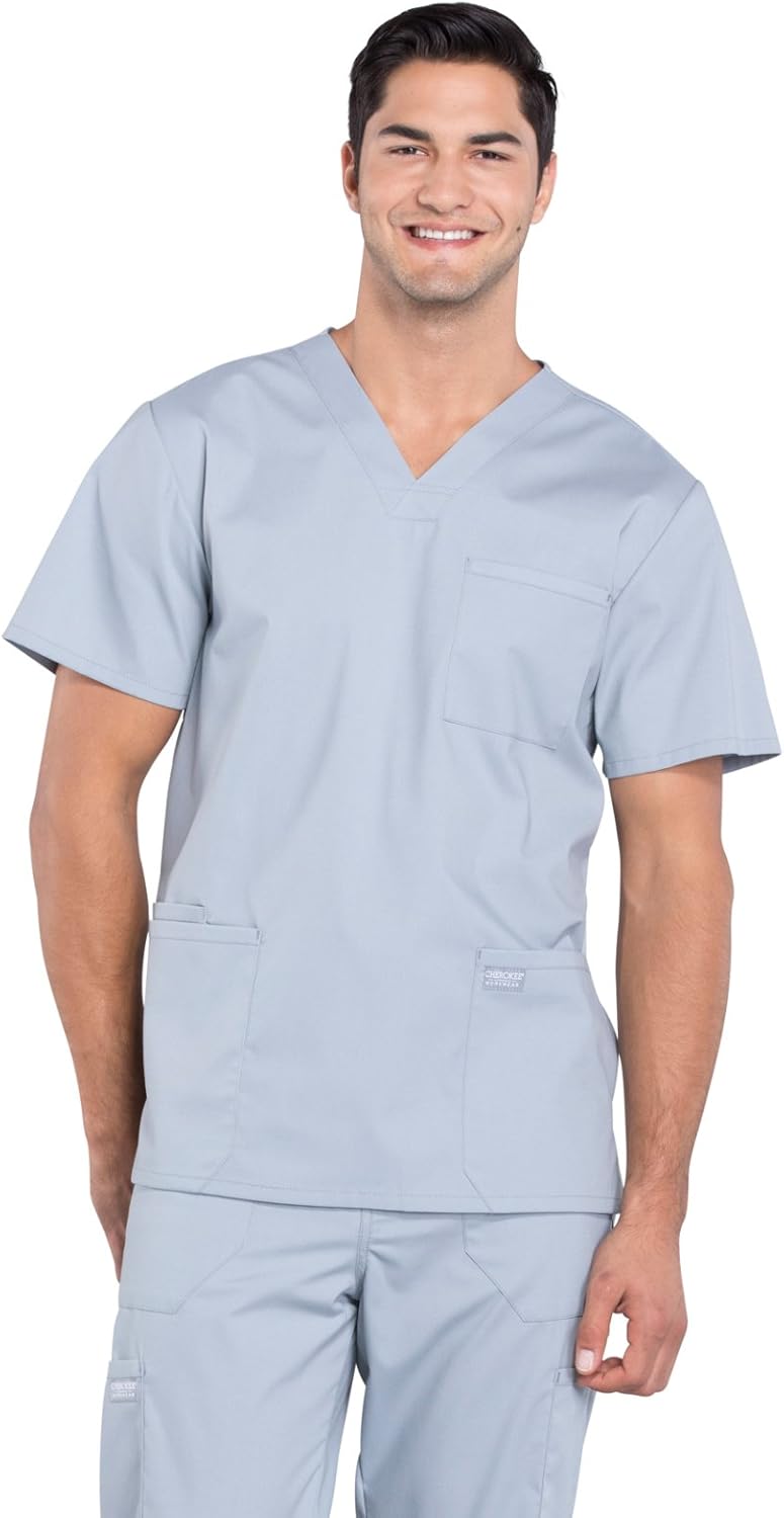 Men Scrubs Set Workwear Professionals WW695 V-Neck Top & WW190S Tapered Leg Fly Front Cargo Pant, Grey- 2XL Top / 2XL Short Pant