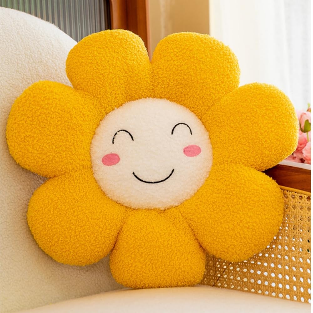 OUKEYI 15.7in /40cm Flower Floor Pillow Sun shaped smiling face Cushion Cute Seating Pad,Cute Sun flower Smiling Face Pillow Plush Toy Home Bedroom Shop Restaurant Decor (Yellow)