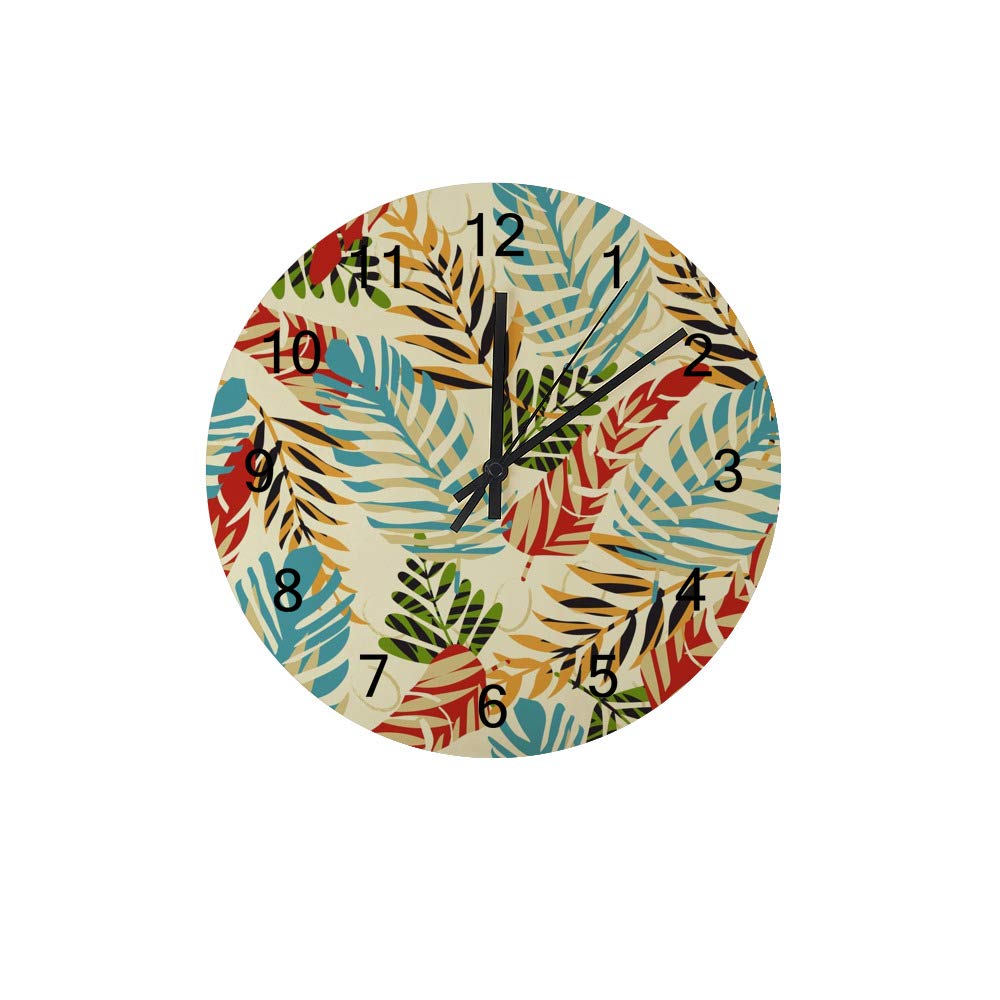 Horloge murale ronde en bois motif plante tropicale pour salon et cuisine