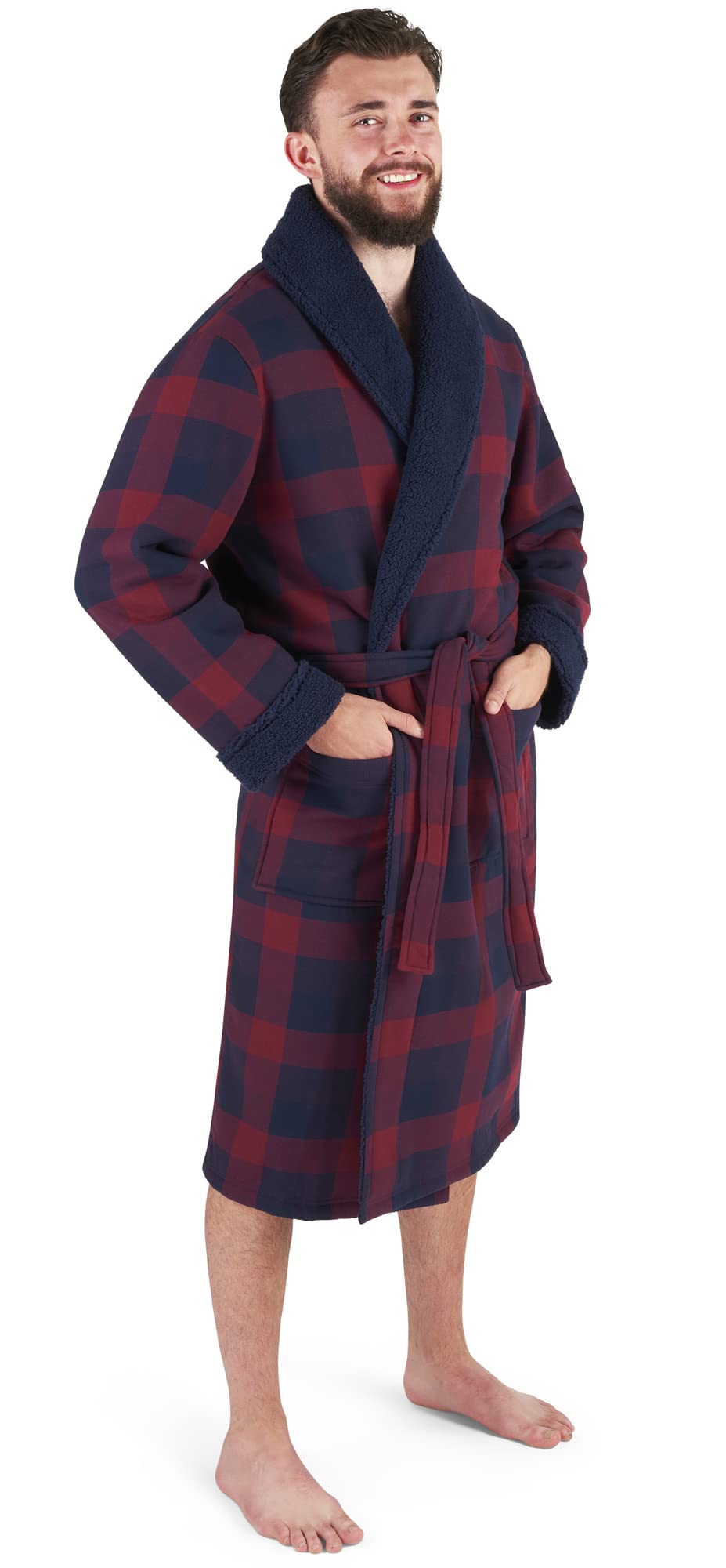 John Christian Robe de Chambre en Polaire et Coton à Carreaux Bleu et Rouge, Chaud - Homme