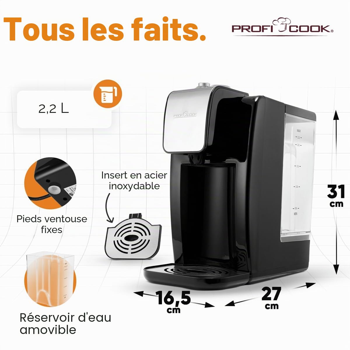 Distributeur d'eau chaude ProfiCook | eau chaude en 3 secondes | bouilloire électrique | capacité de 2,2 litres | boîtier en acier inoxydable | affichage en acier inoxydable | 2600 watts | PC-HWS 1168