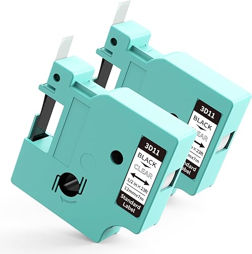 2PK D1600 - Rotuladora negra sobre cinta transparente 3D11, repuesto para cinta de etiquetas DYMO D1 A45010, 12 pulgada x 23 pies, cinta de