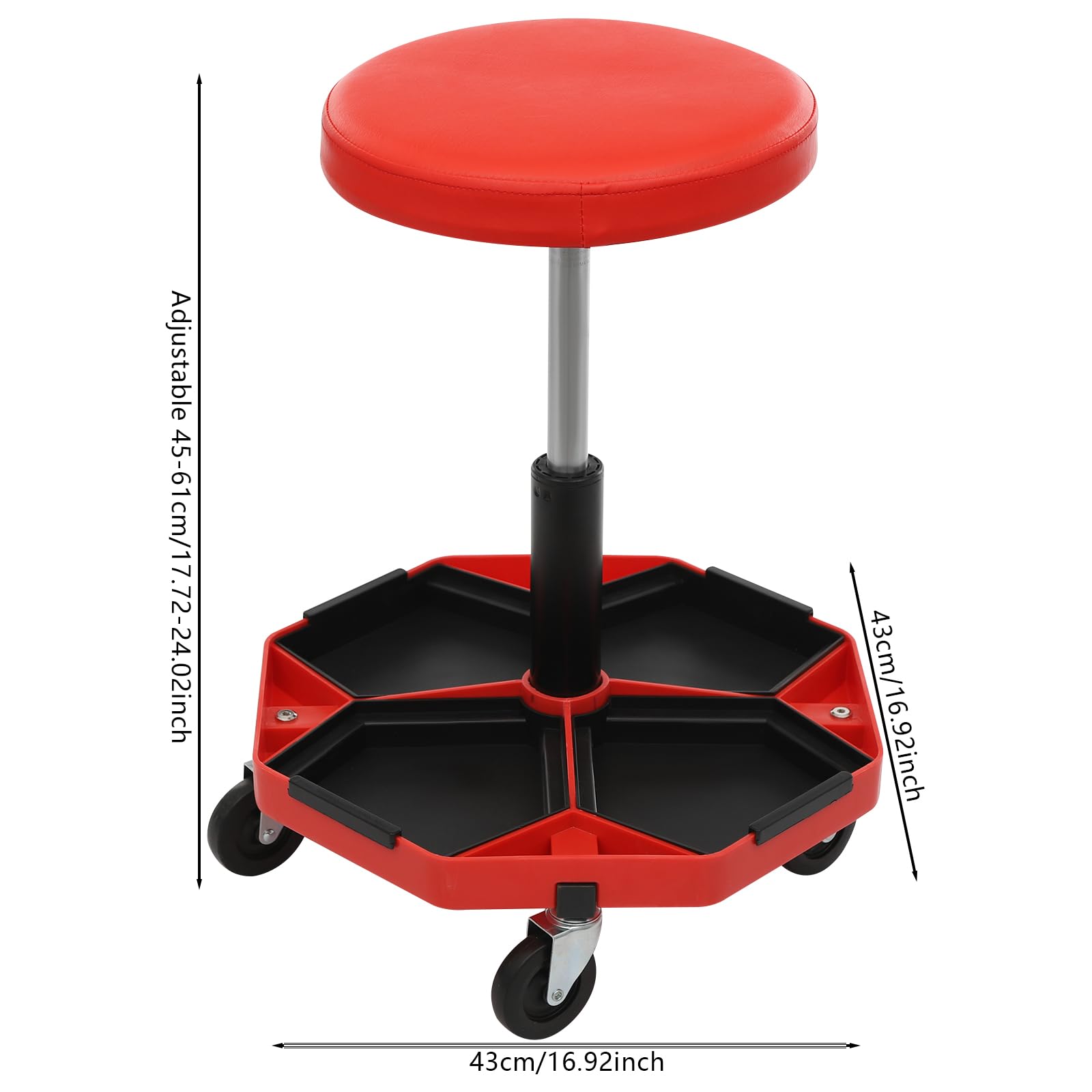 Sgabello da officina, sedia a rotelle da officina, capacità di carico 150 kg, sgabello da officina con 4 ruote universali, 45-61 cm, altezza regolabile, sgabello pneumatico (rosso)