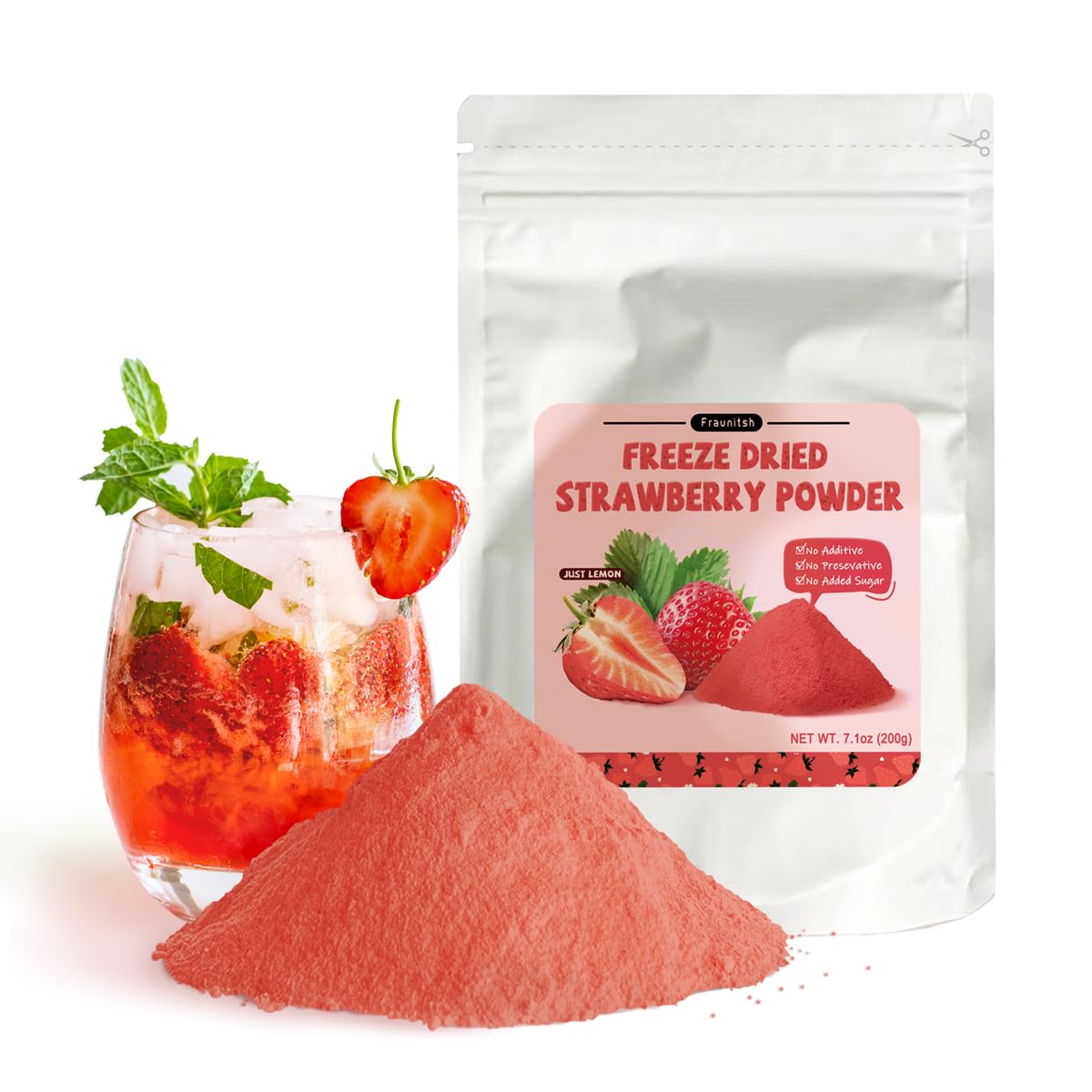 Fraunitsh Strawberry Powder 7.05oz | Freeze Dried Strawberries Powder | Natural Fruit Powder Berry Source | Strawberry Flavoring for Drinks, Cakes, Smoothie, Icing | No Sugar Added & No Additives