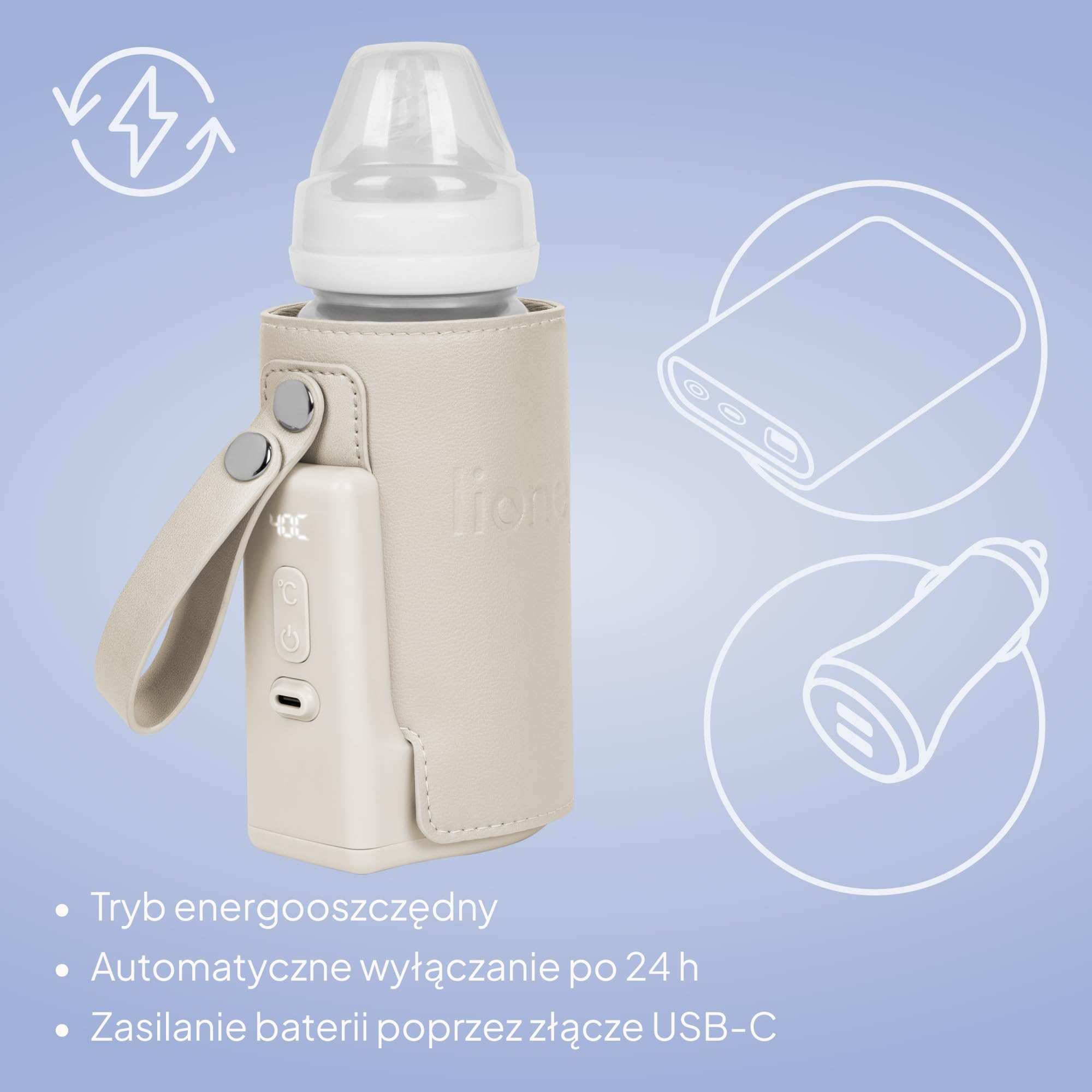 LIONELO Podgrzewacz do butelek Thermup Go Plus do utrzymywania ciepła mleka i żywności dla niemowląt, przenośny z wbudowaną baterią, 5 temperatur roboczych od 38 do 50°C, ładowanie USB, 8 godzin pracy