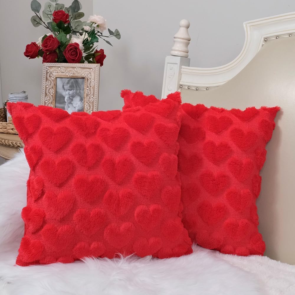 GEEORY Valentines Day Soft Plush Love Heart Pillow Covers 18 x 18 Inch Set of 2 Faux Fur