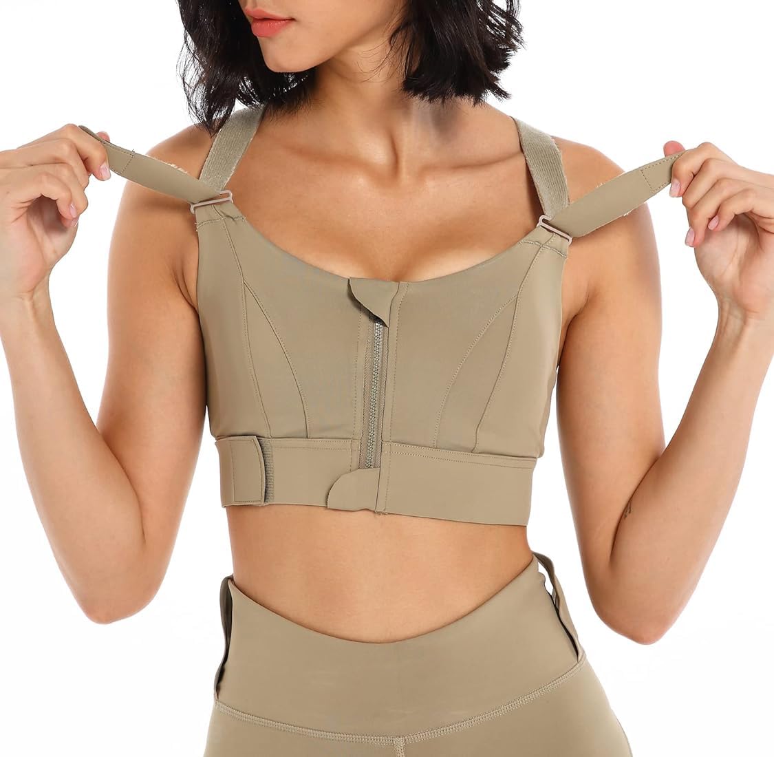 Women's Padded Front Zip Plus Size Full Coverage High Support Velcro Adjustable Sports Bra for Workout Gym Plus Size Pack of 1 80% Polyster & 20% SPENDEX (XL, Dark Green)-image-7