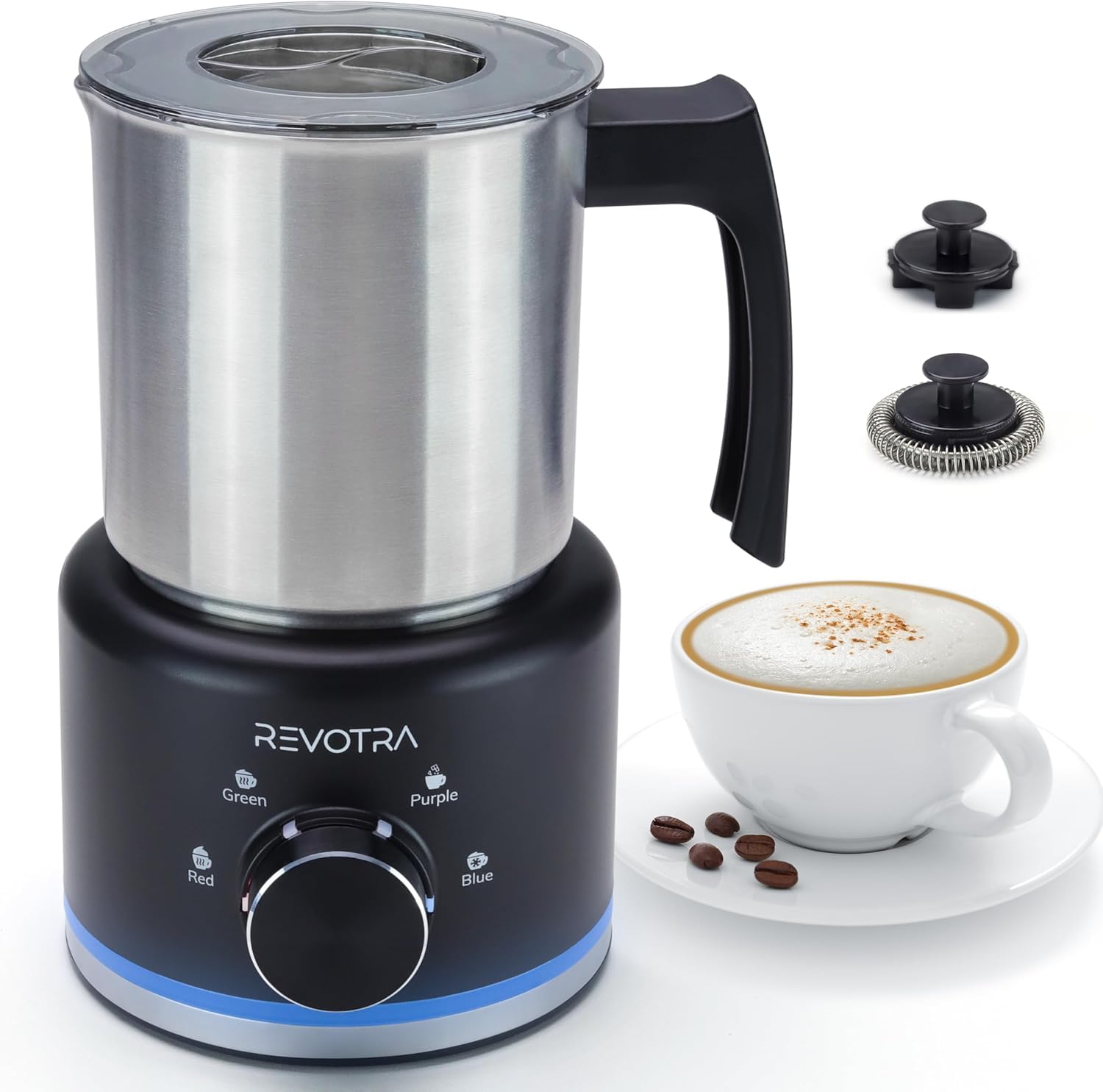 REVOTRA Elektrischer Milchaufschäumer 4-in-1, Automatischer Milchaufschäumer für heiße und kalte Milch, 500 ml, 600 W, Spülmaschinengeeignet, Edelstahl-Milchschäumer für Latte, heiße Schokolade/Milch