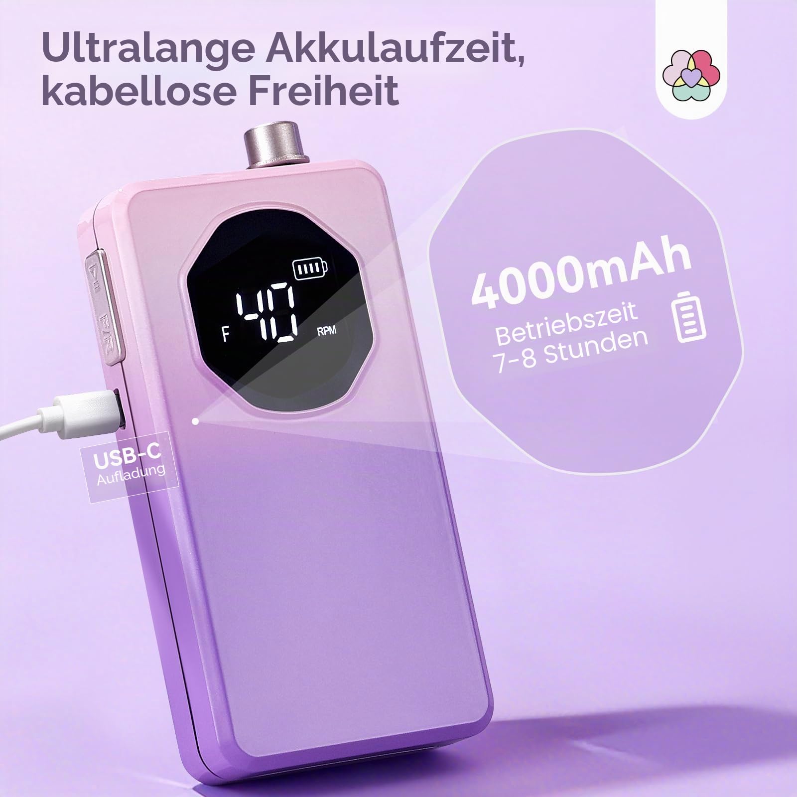 SAVILAND Nagelfräser Professionell 40000 U/min, 12 in 1 Tragbare Wiederaufladbare Elektrische Nagelfeile für Acrylnägel Gelnägel mit LCD-Display, Maniküre Pediküre Verlauf Lila