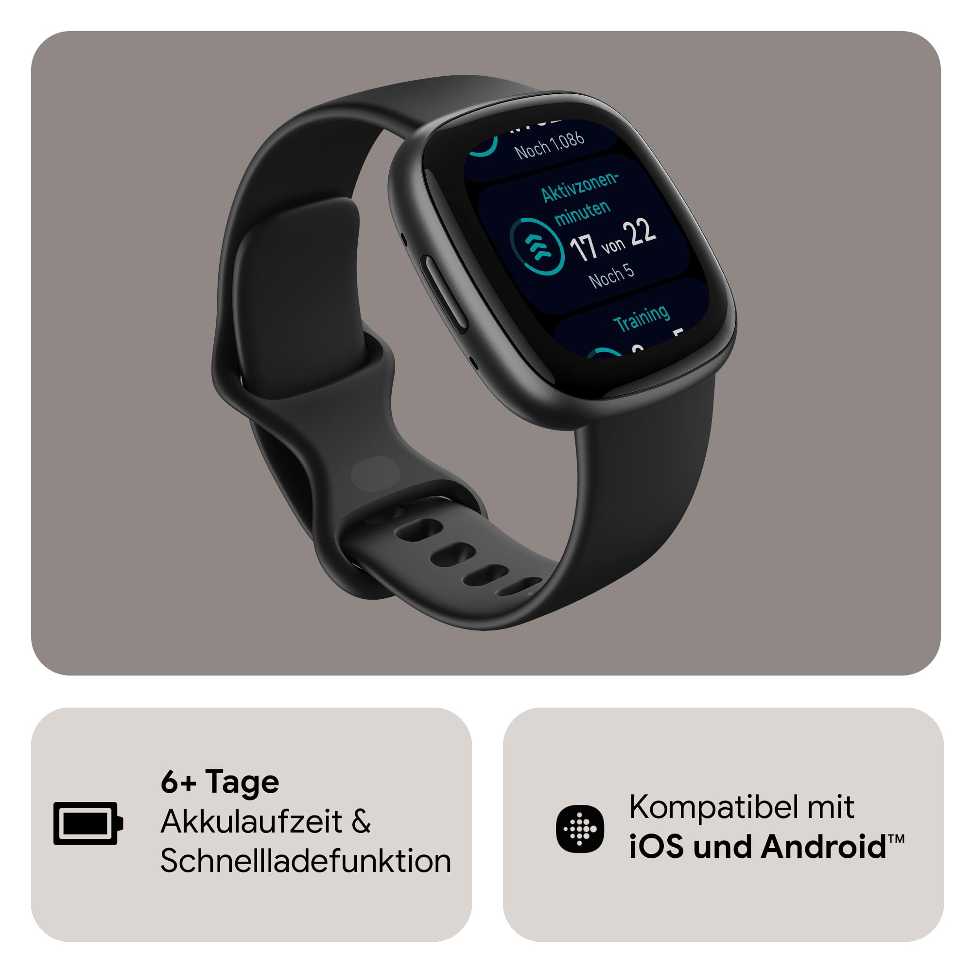Google Fitbit Versa 4 Smartwatch Fitness-Tracker GPS Telefonfunktion 6 Tage Akkulaufzeit 40+ Trainingsmodi kompatibel Android iOS