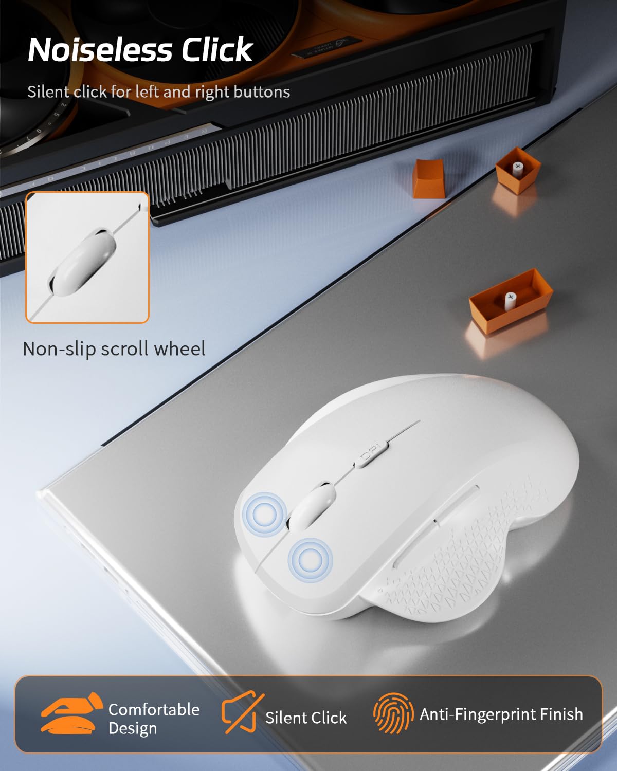 Uiosmuph G09 Bluetooth Wireless Mouse, BT5.1 & 2.4Ghz Rechargeable Computer Mouse with USB Receiver and Type C Adapter, Ergonomic Bluetooth Mice for Laptop, iPad, Mac - White — view 4