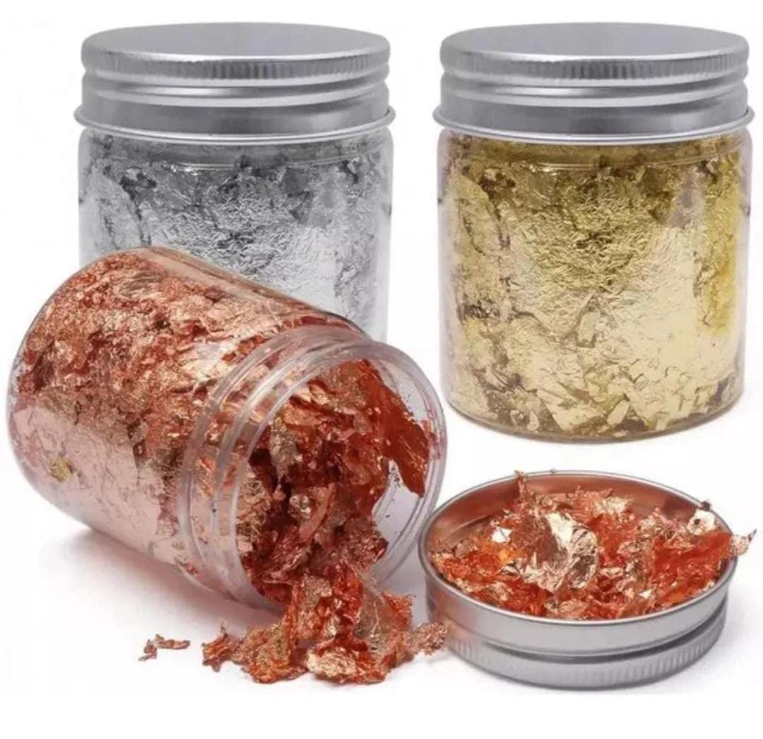 Gold Leaf Flakes with Tweezers for Cakes Decorations, Arts N Craft 3 Bottle (Gold, Silver, Rose Gold) 8gm Each Bottle