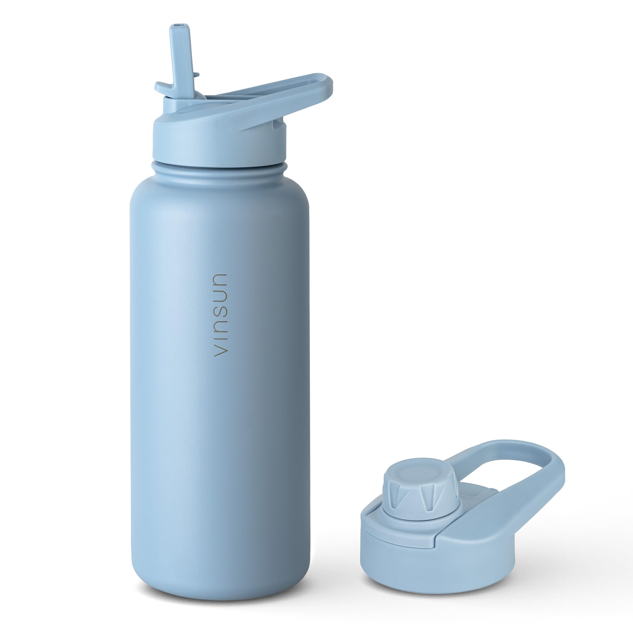 Vinsun Thermosflasche blau 1L - Strohhalm, Trinköffnung - auslaufsicher, Kohlensäure geeignet, BPA frei - isolierte Trinkflasche Edelstahl für Sport, Schule, Fahrrad, Büro, Camping