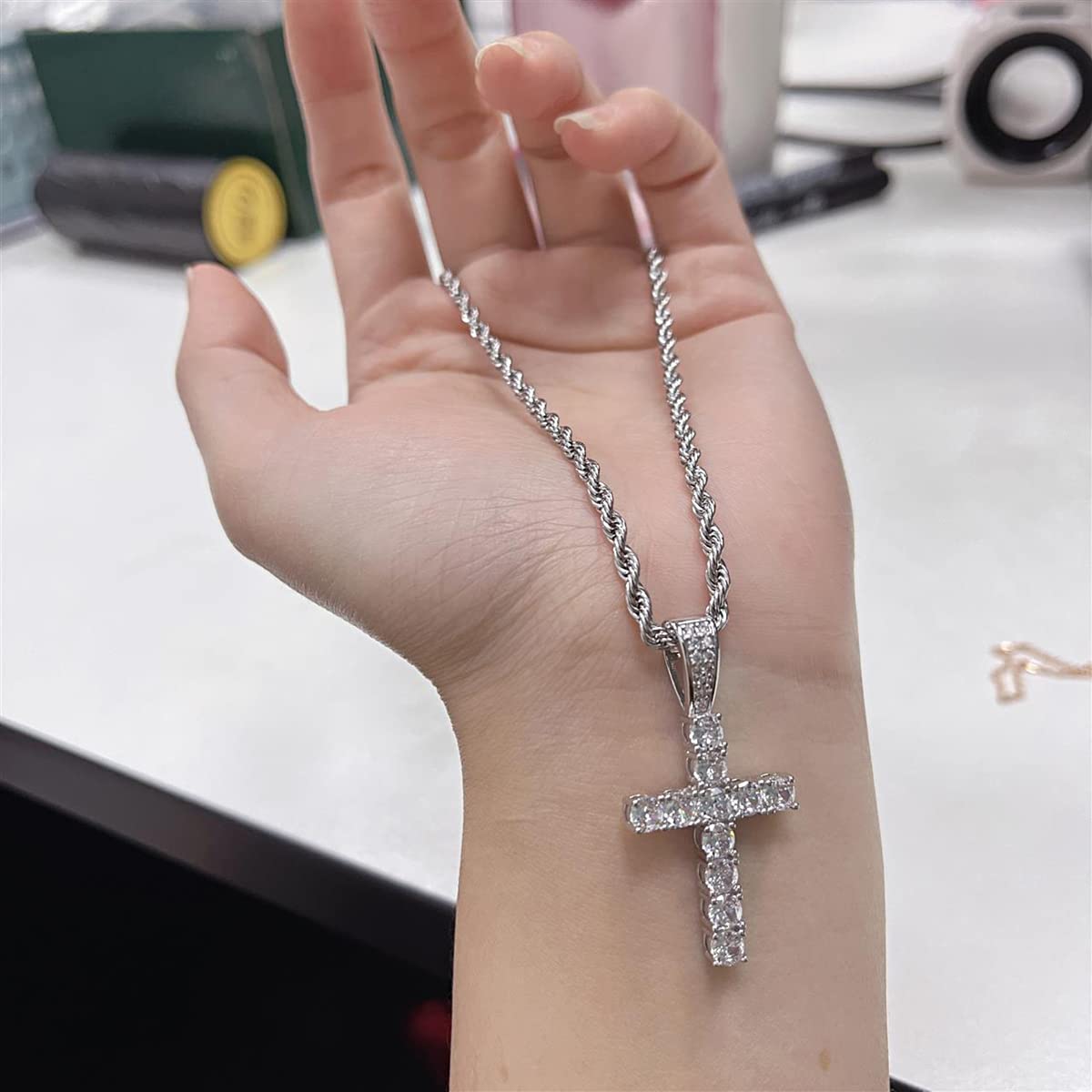 Collana Uomo Donna, Croce Collane Girocollo Uomo Acciaio Inox con Zirconi, Catena con Pendente Croce Catenina Rapper, Retrò Catenella Acciaio Inossidabile Ciondolo Pendaglio Regalo per Ragazzo