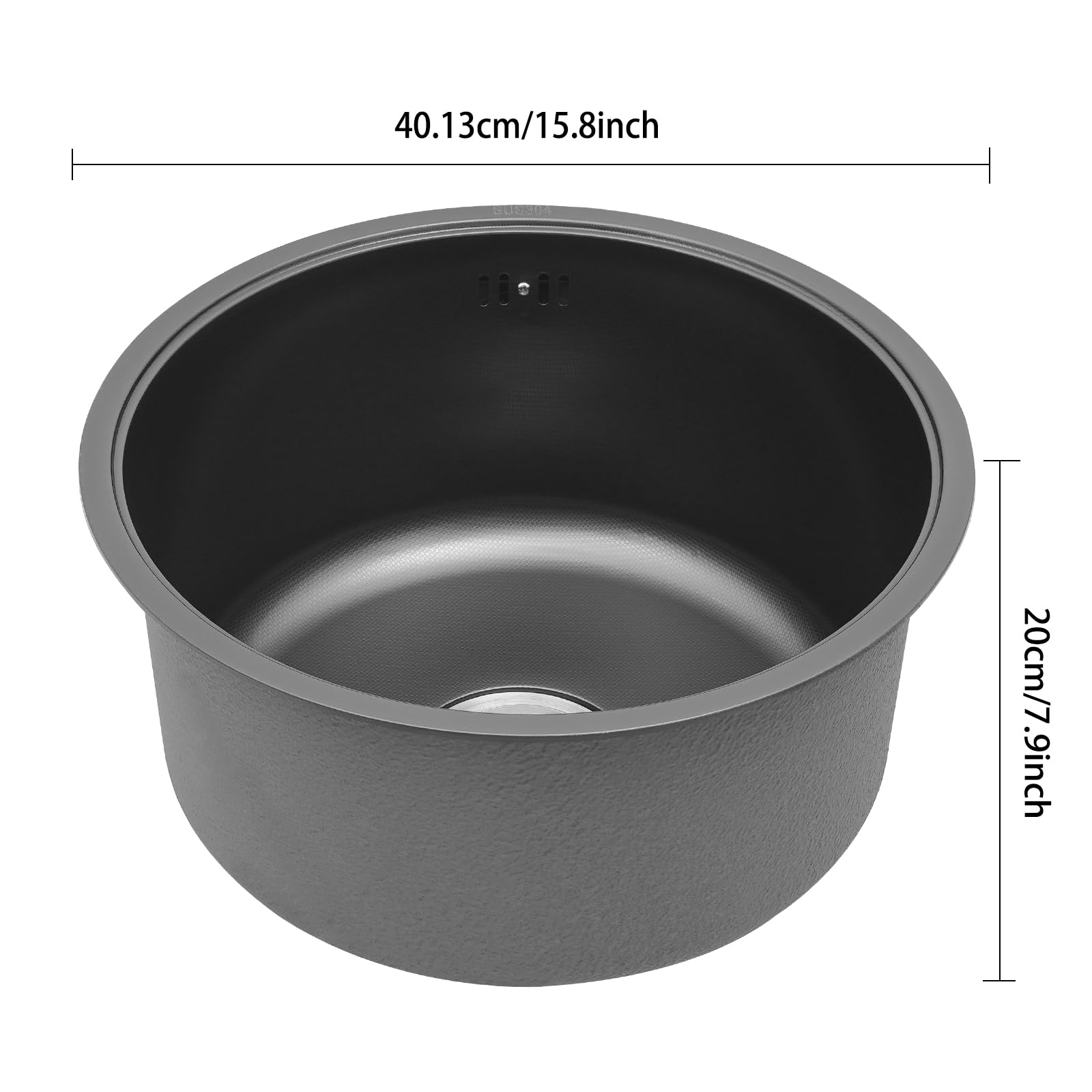Fregadero de cocina redonda acero inoxidable 304 nano-revestimiento con cesta y tapa, bandeja de vajilla empotrable diámetro 40 cm fregadero bar camping hotel negro moderno