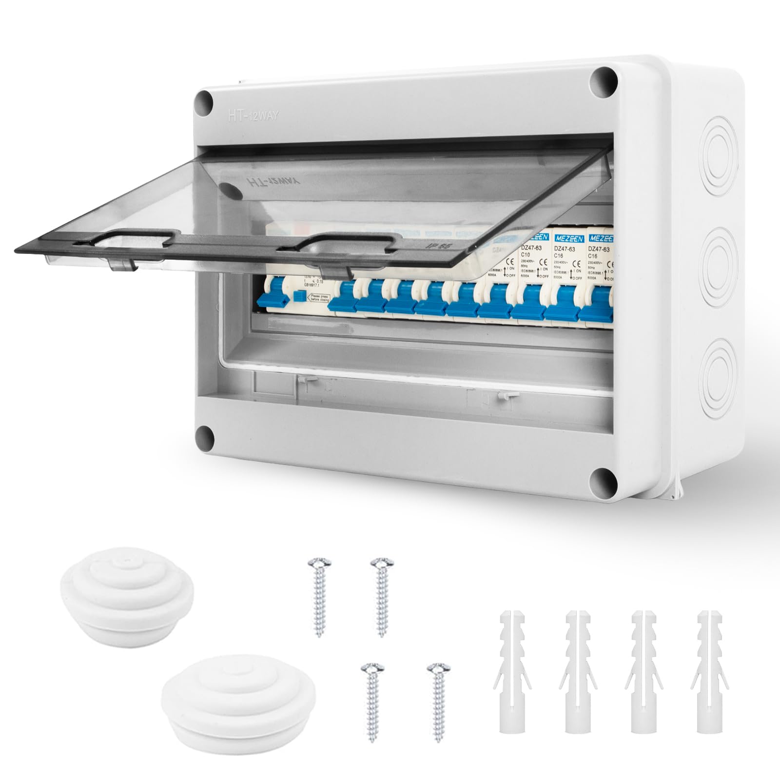 Consumer Unit 9 Way, IP65 Fuse Box with Circuit Protection, Circuit Breaker for Garages Workshops, Industrial Settings