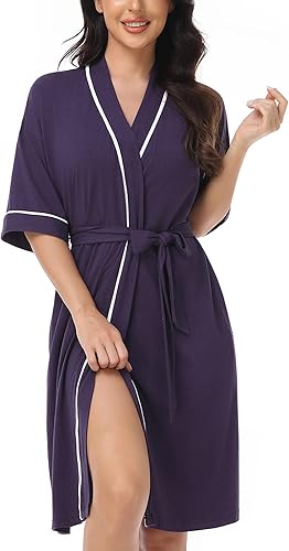 COLORFULLEAF Bata corta de bambú para mujer, ligera, de algodón, de punto suave, con bolsillos