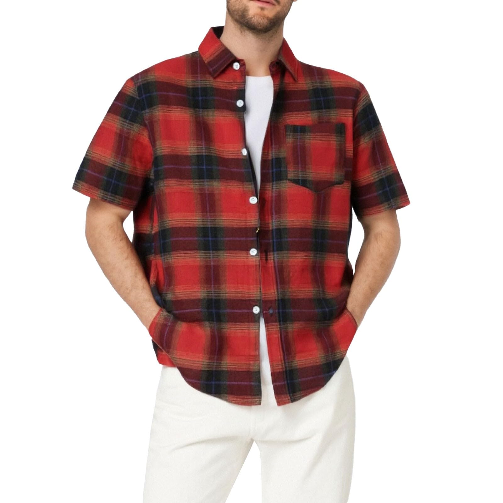 CRNTCEM Men's Regular-Fit Short-Sleeve Plaid Shirt Button Up Check Printed Casual Shirts Lightweight Buffalo Gingham Shirt