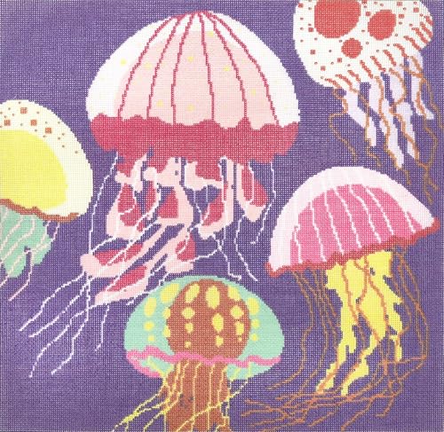 Howie's Needlepoint Needlepoint Canvas, 18CT Embroidery Stamped Patterns for Beginners or Advance, Printed Canvas(Vivid Jellyfish,12X12inch)