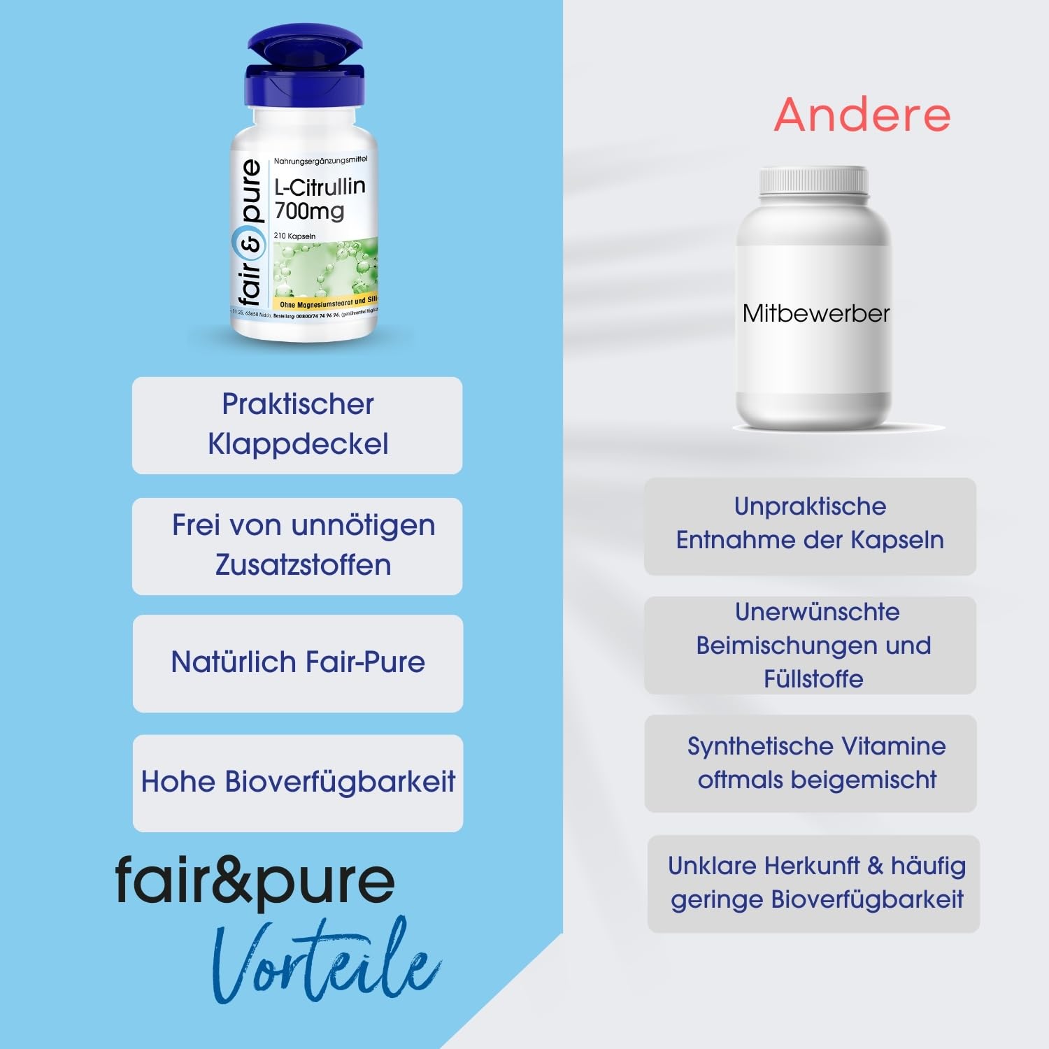 Fair & Pure L-Citrullin 700mg, 210 Kapseln, Nahrungsergänzungsmittel vegan ohne Magnesiumstearat, in Deutschland hergestellt
