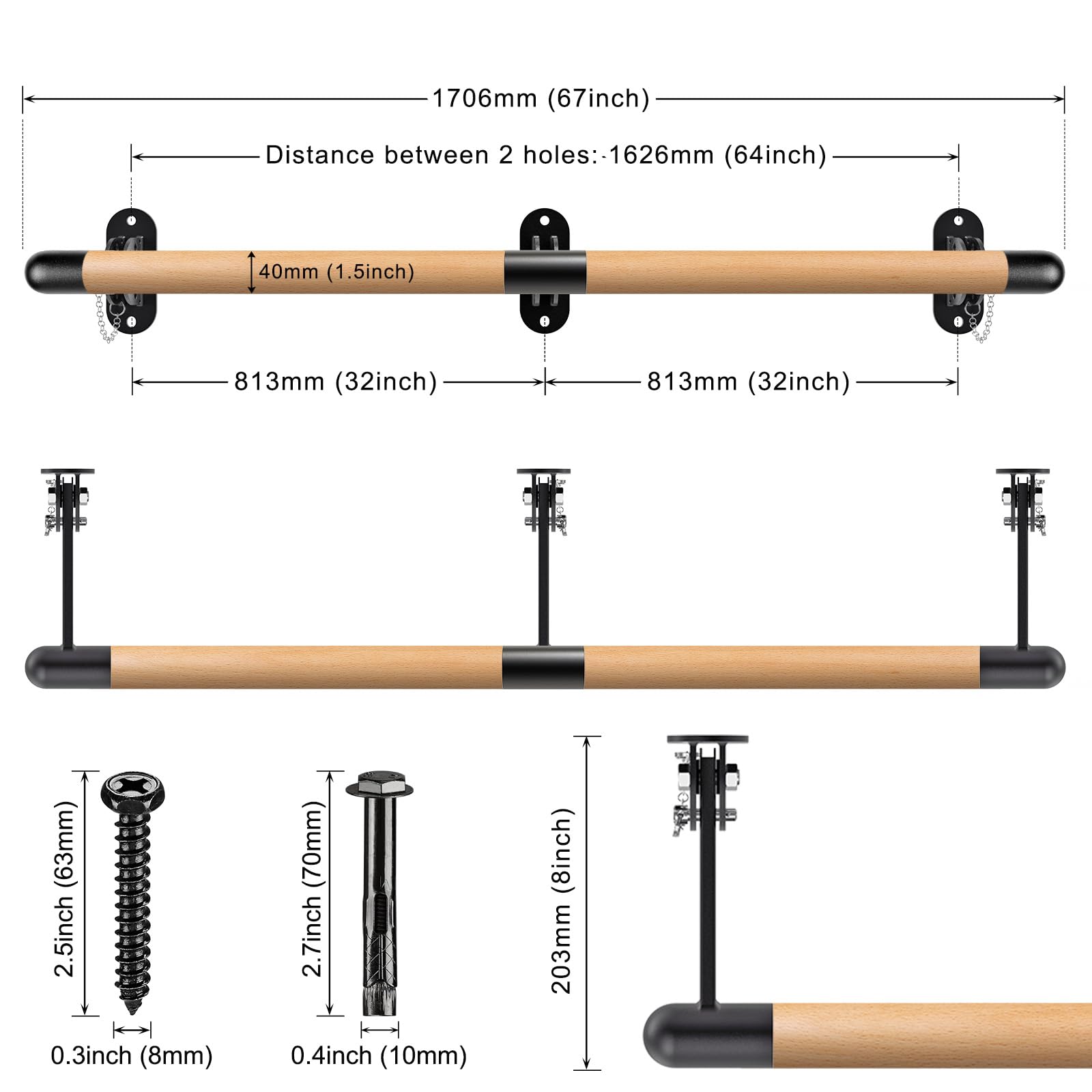 Kipika Barre de Ballet Murale Traditionnelle en Bois Massif, Barre Extensible pour équipement de Danse à Domicile