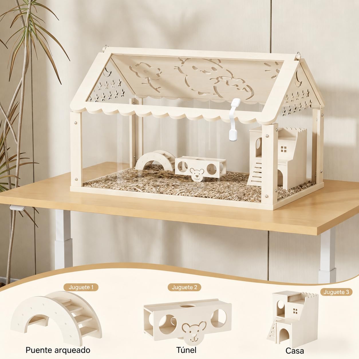 Jaula para Hámster, Hábitat Transparente de Acrílico para Hámsteres Enanos y Pequeños Roedores con Escalera, Túnel y Casa, 60 × 30 × 40 cm