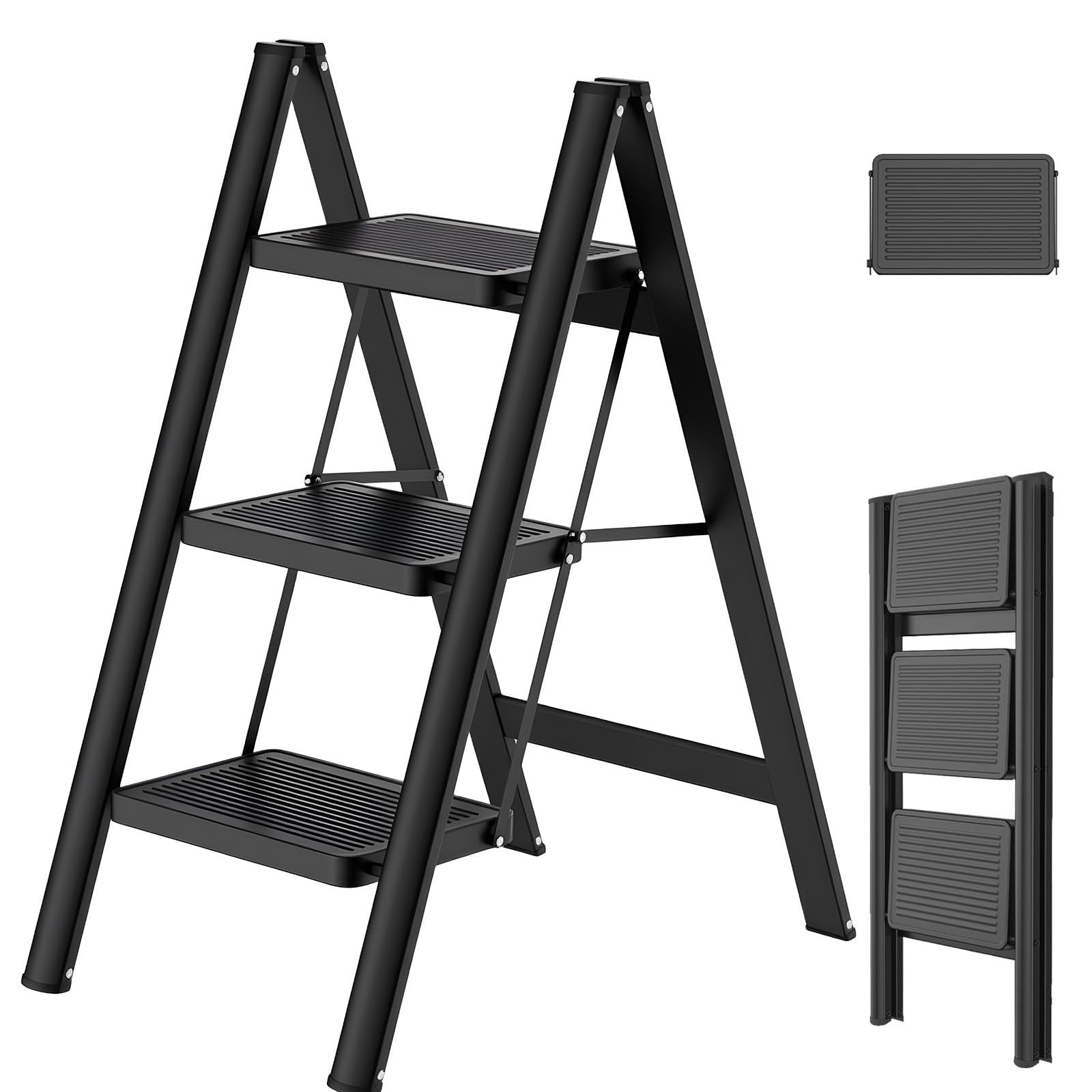 Escalera plegable en 3 peldaños, portátil, capacidad de 250 kg, con pedal ancho antideslizante, para el hogar, cocina, oficina, garaje