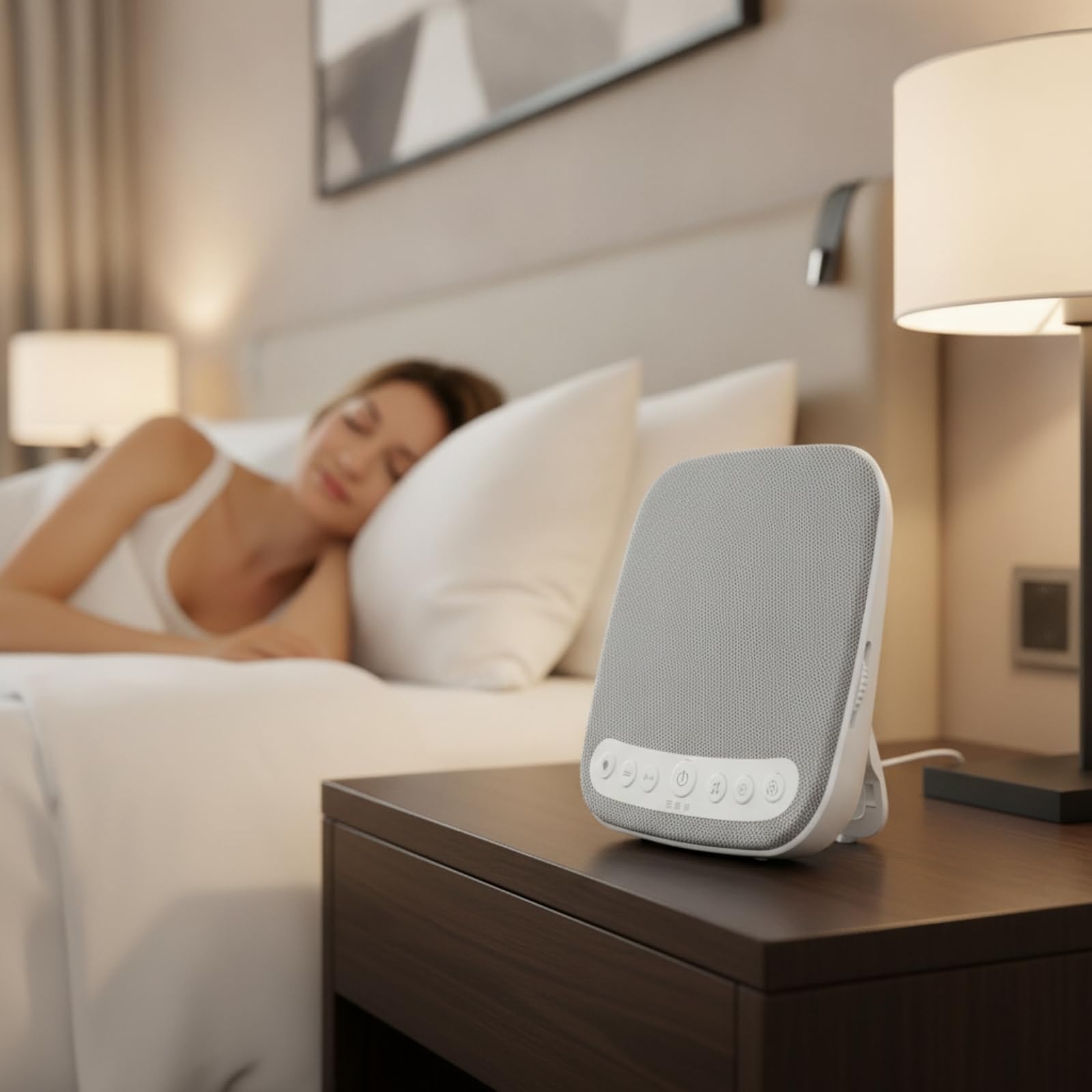 Amagogo Sleep Aid Machine de Sommeil Appareil Générateur Sonore Aide au Sommeil Design Tissu Tissé Gris Corps Blanc Moderne Convient à Décor de Chambre Hôtel Hébergement