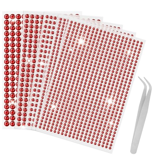 Sularpek 2542 Stück Glitzersteine Selbstklebend, 5 Blatt Strasssteine Selbstklebend, Strasssteine Rot, Runde Glitzersteine für Gesichts, Nägel Deko Und Urlaubszubehör, mit 1 Pinzette (3/4/5/6mm)