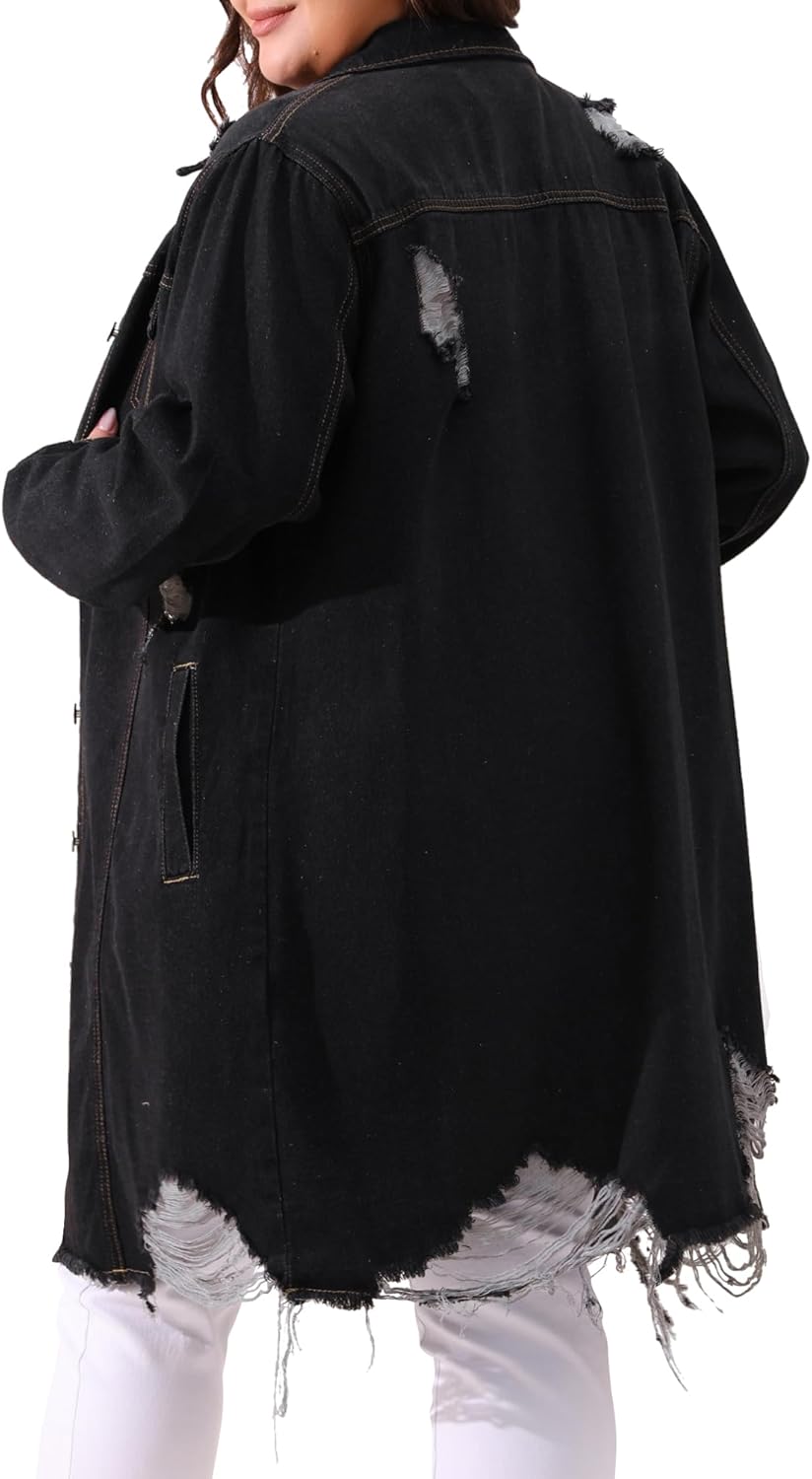 Agnes Orinda Jean Jacket for Women Plus Size Distressed Long Sleeve Oversized Denim Trucker Jackets - Image 4