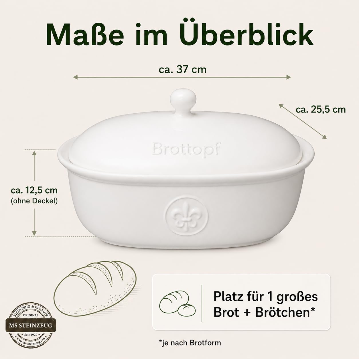 Brottopf in weiss - Brotkasten - oval - Steingut mit Belüftung | Glasierter Steingut-Brotkasten für ordentliche Brotaufbewahrung – hält Brot länger frisch dank seitlicher Belüftung