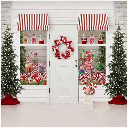 Miniatura 2 de Lofaris Telón de fondo de Navidad para invierno, Feliz Navidad, dulce tienda de dulces, corona de Papá Noel, luces brillantes, fondo de árboles,