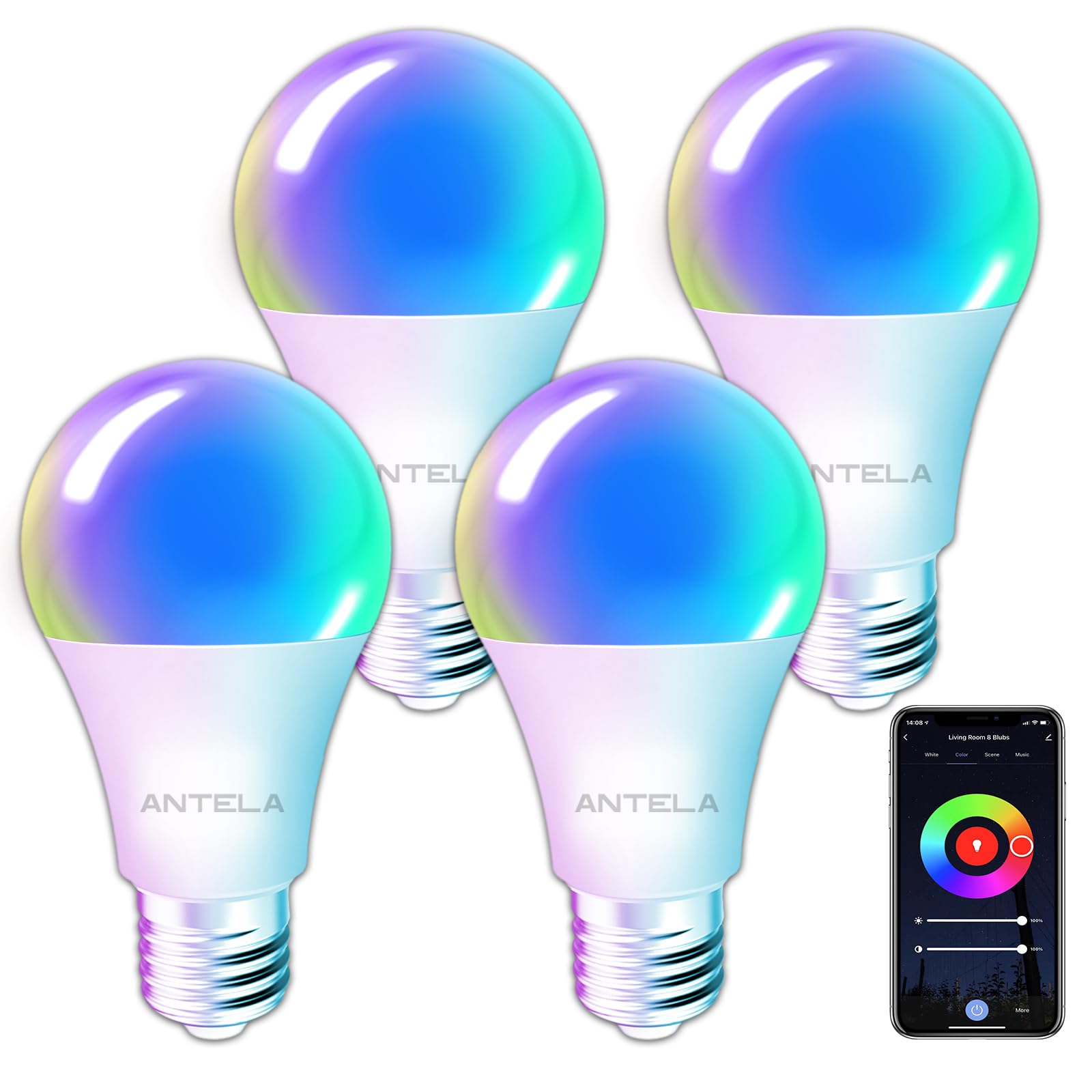 Alexa Glühbirne E27 7W 806LM ANTELA RGB 2700K-6500K Warmweiß Kaltweiß Licht Smart WLAN LED Dimmbare Birne Lampe, Kompatibel mit Google Home, Smart Life APP, 4 Stück