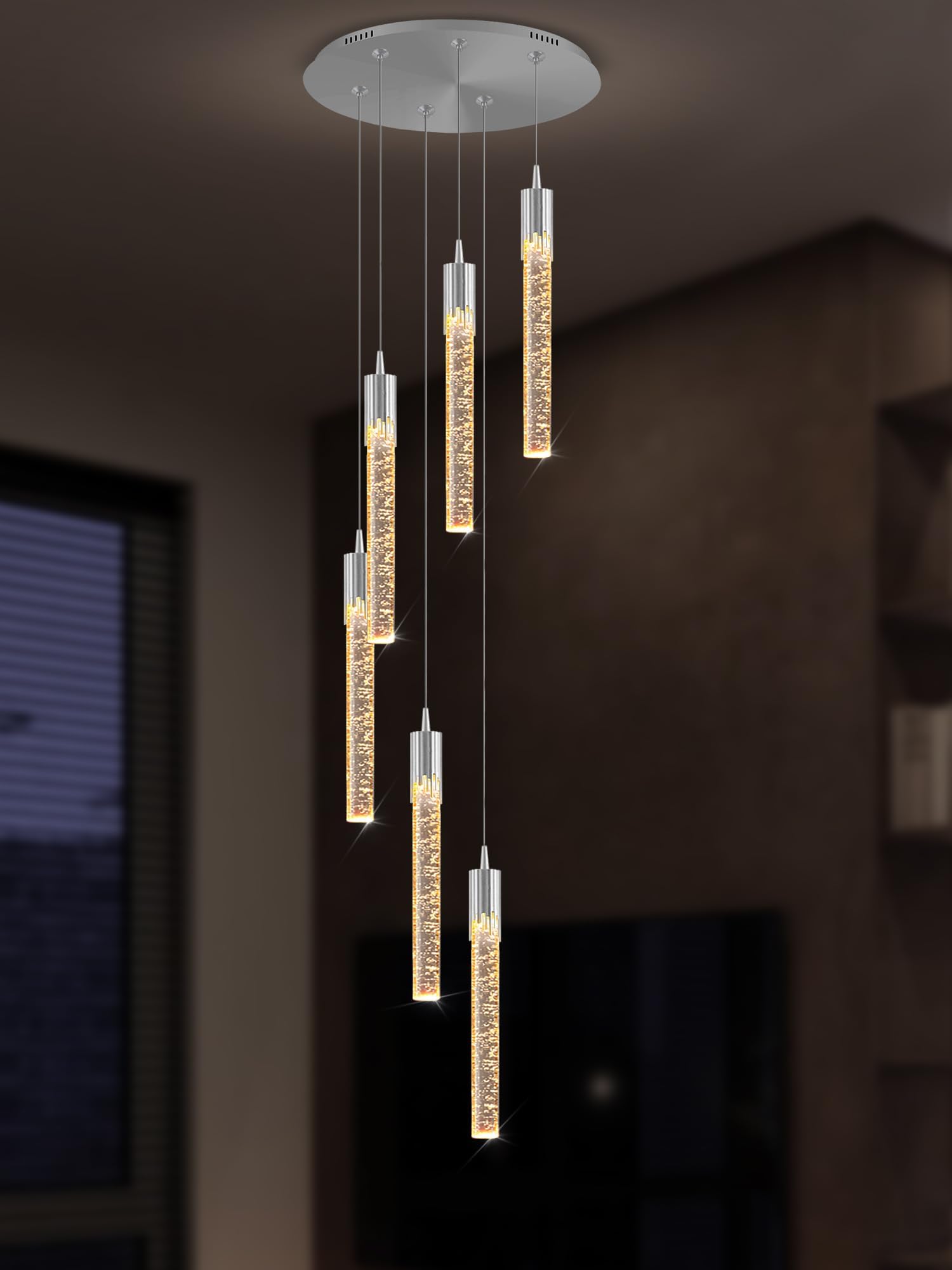 PCXEHUYP Modern 6-Light Crystal Bubble Chandelier - LED Dimmable Loft Pendant Light for Living Room & Dining Room, 70'' Long, 2700K/4500K/6000K Chrome Ceiling Fixture