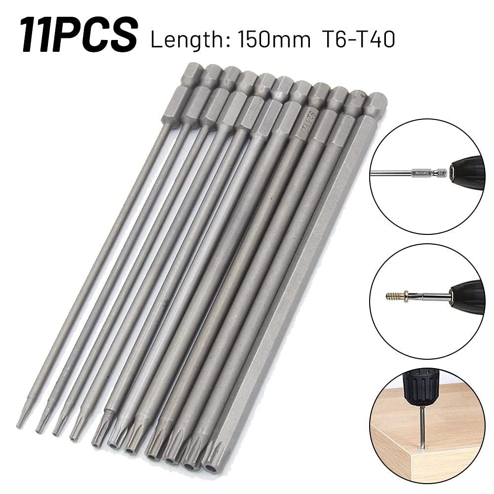 11 sztuk 150mm długi magnetyczny wkrętak torx bity z łbem płaskim sabotaż T6-T40 zestaw wierteł narzędzie ręczne do wkrętarki elektrycznej wiertarki