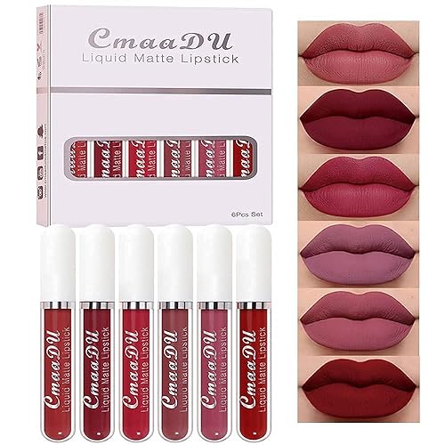 Vista 3 de evpct Juego de 6 lápices labiales líquidos mate para mujer, color ciruela oscuro, vino, rosa, malva, rojo, nude, rosa, labiales, mate, 24 horas, 1