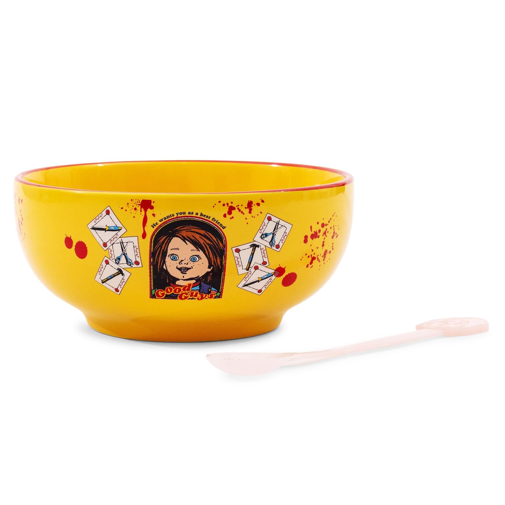 Silver Buffalo Chucky “He Wants You As a Best Friend” Ceramic Bowl with Color Changing Spoon, 28 Ounces