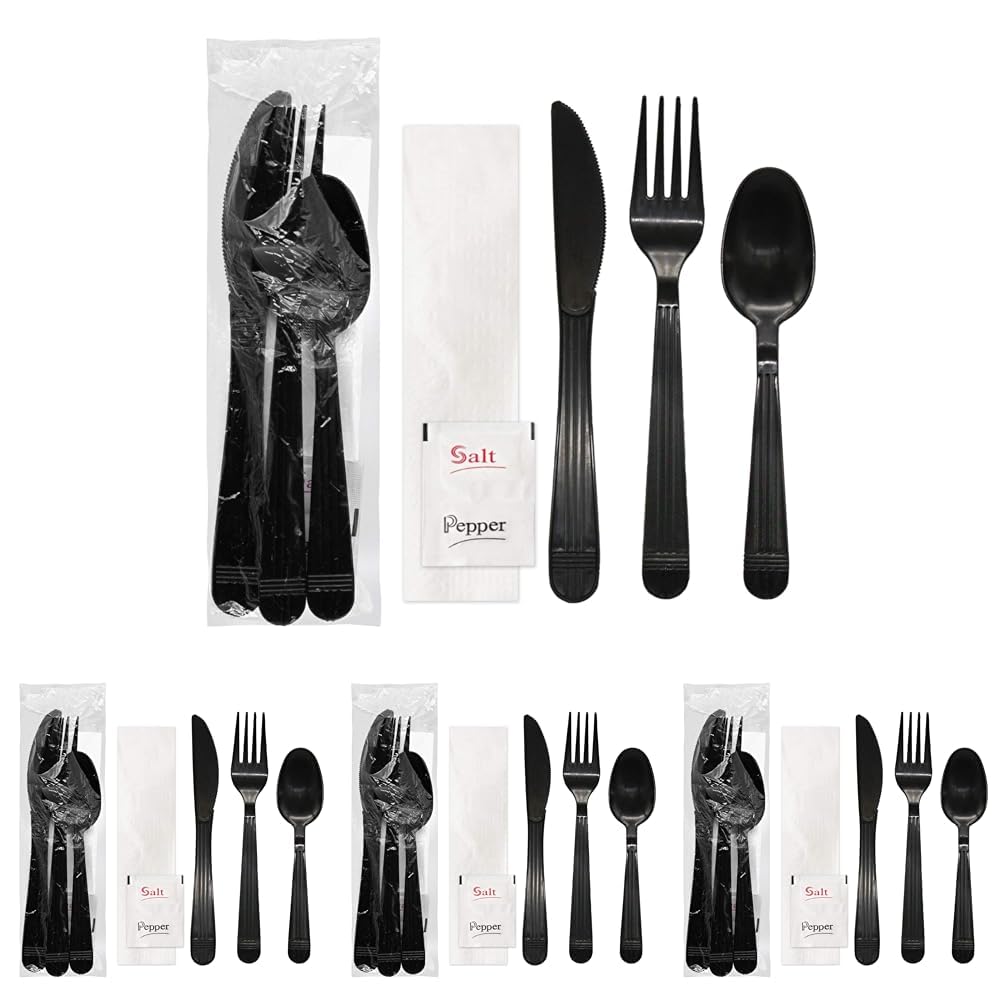 Party Essentials Individually Wrapped Plastic Cutlery Packets/Heavy Duty Silverware Kits, Fork/Spoon/Knife/Napkin/Salt/Pepper, 50 Utensils Sets, Black (Pack of 4)