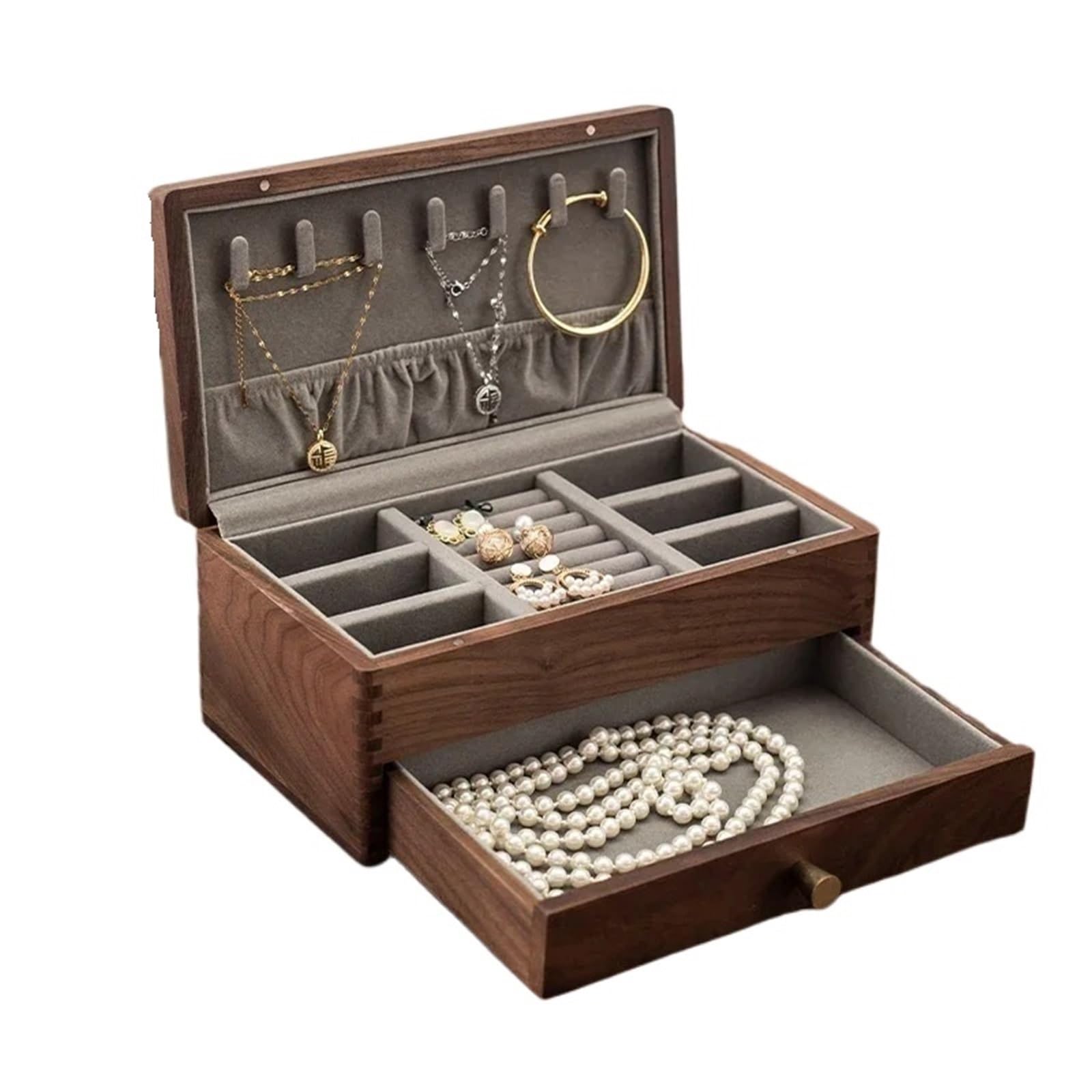 NIUSABOU Wood Jewellery Organiser, Black Walnut Solid Wood Lockable Storage Box For Necklaces Bracelets(Color3)