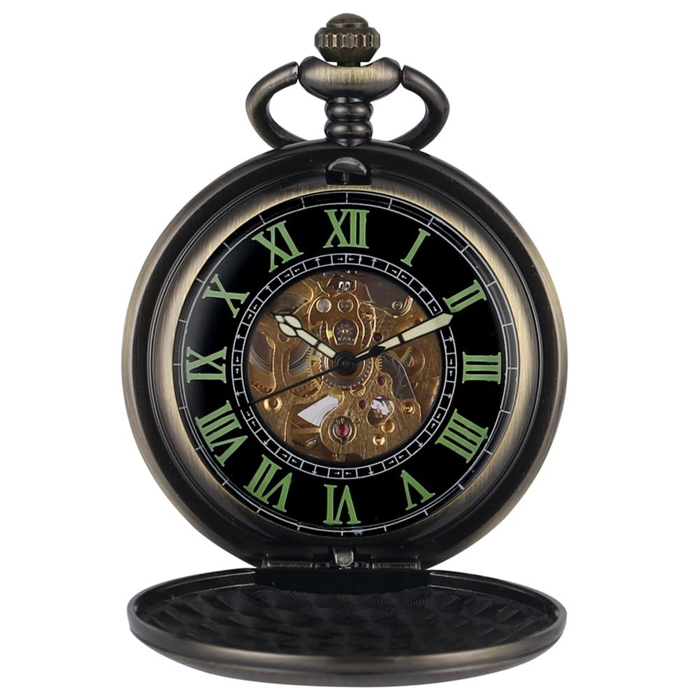 Orologio da Tasca Meccanico Automatico in Bronzo con quadrante Luminoso Numeri Romani Verdi, Catena 30 cm, Orologio retrò Regalo(BZ2048 with Box)