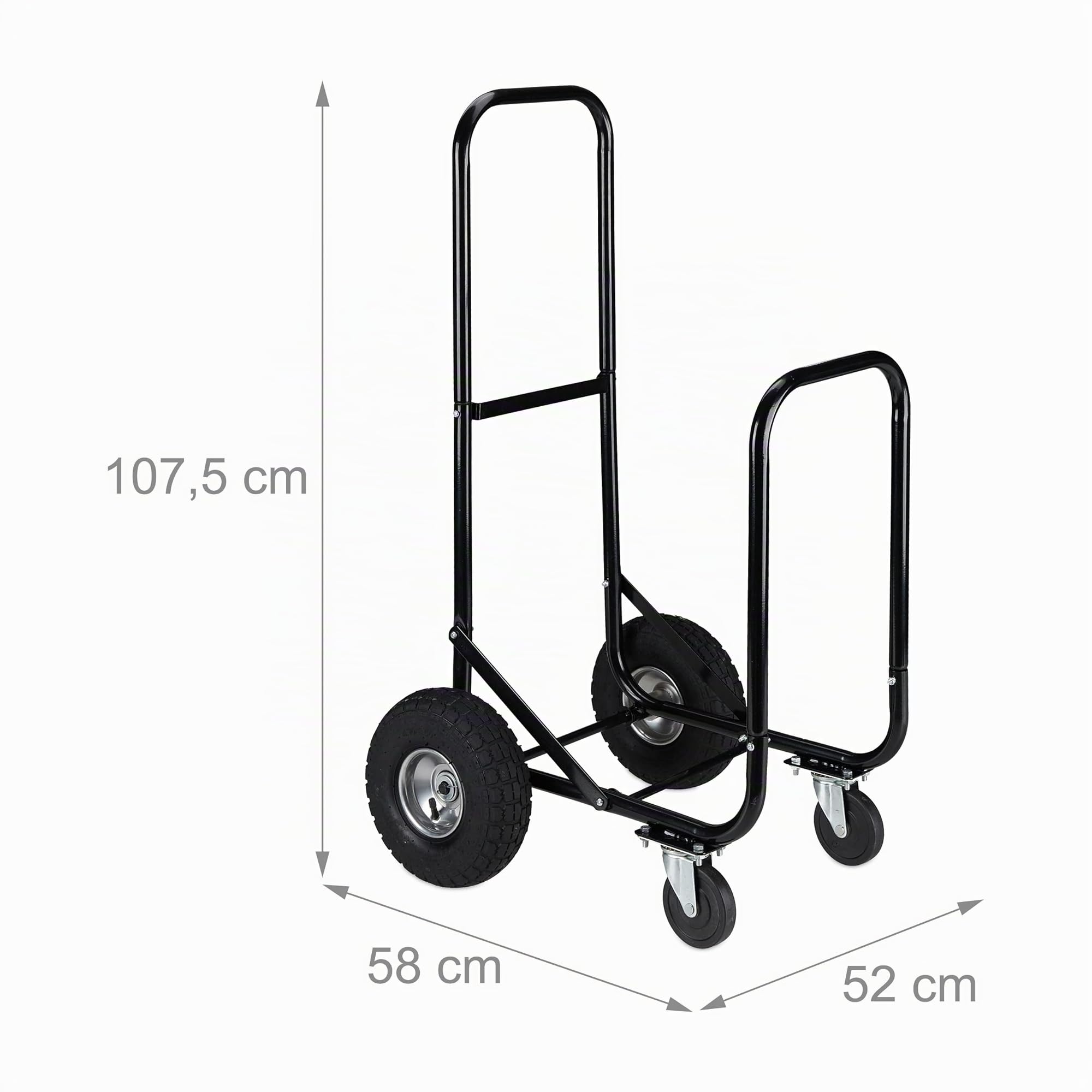 Relaxdays Carrello per Legna, da Trasposto, in Acciaio, 2 Pneumatici e 2 Ruote, capacità di Carico Fino a 60 kg, Nero
