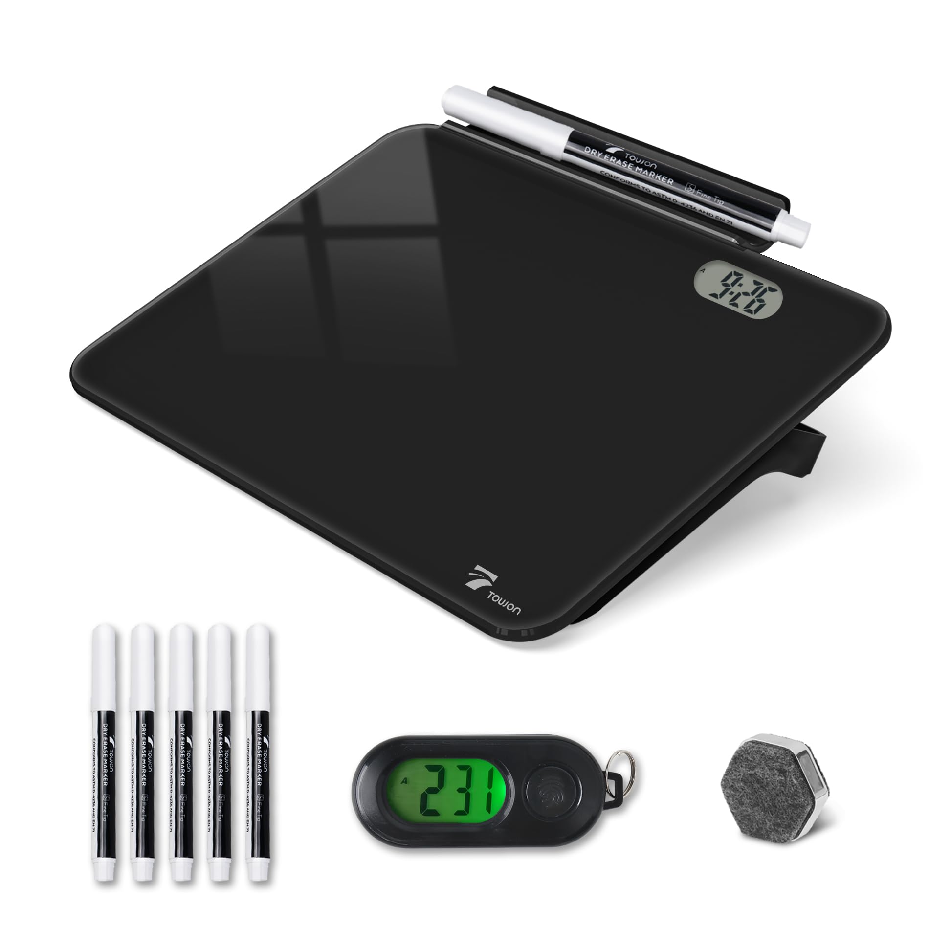 TOWON Small White Board for Desk with Clock, Small Desktop Whiteboard Glass with Pen Holder, Time Reminder Dry Erase Board, Whiteboard for Desk, Digital LCD Display, for Home Office, Black, 20x15 cm-image-40